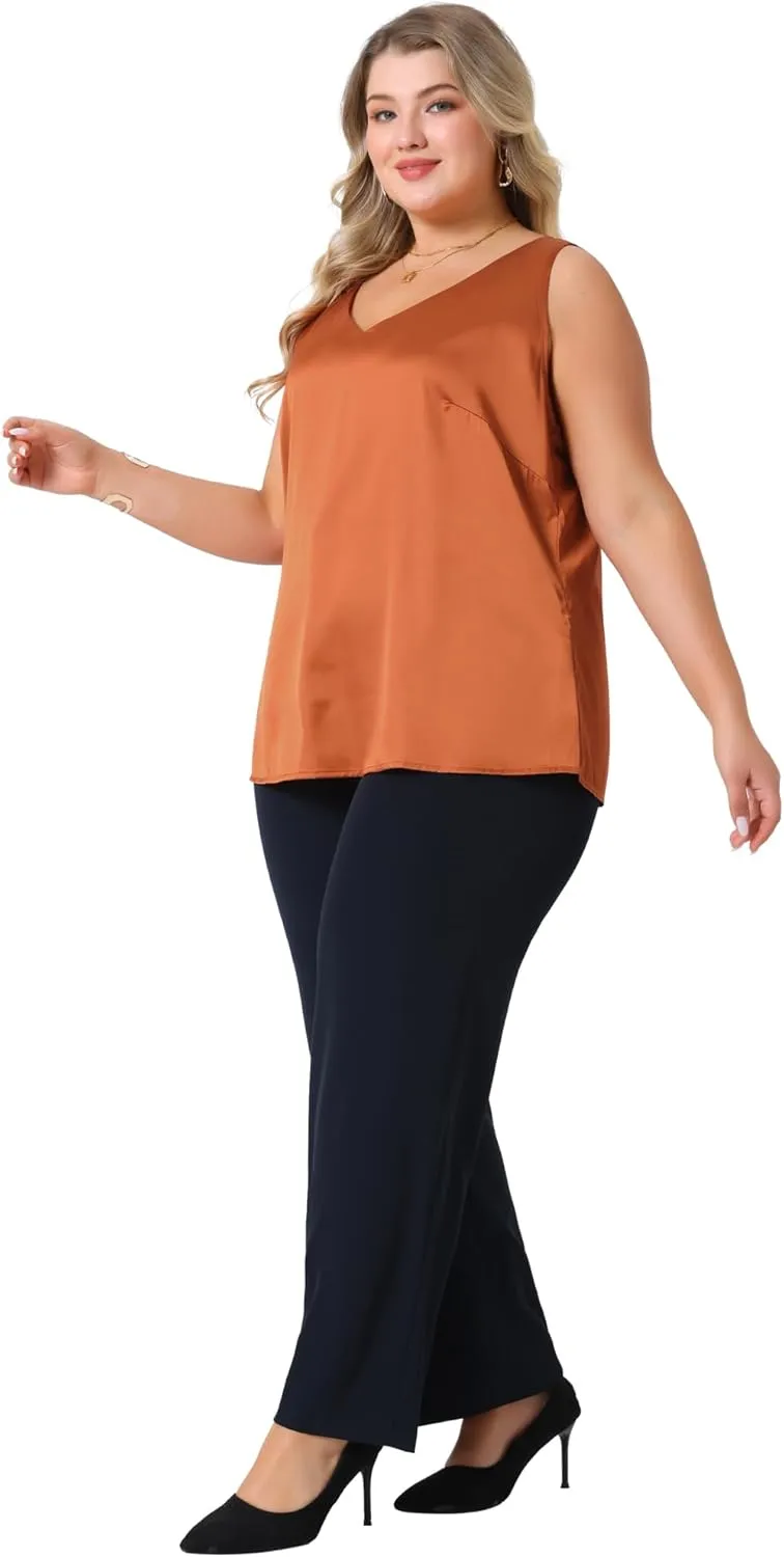 Agnes Orinda Plus Size Silk Satin Tank Tops for Women V Neck Casual Cami Sleeveless Blouses Summer Basic Tank