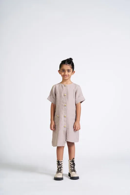 Almond Beige Buttoned Embroidered Dress