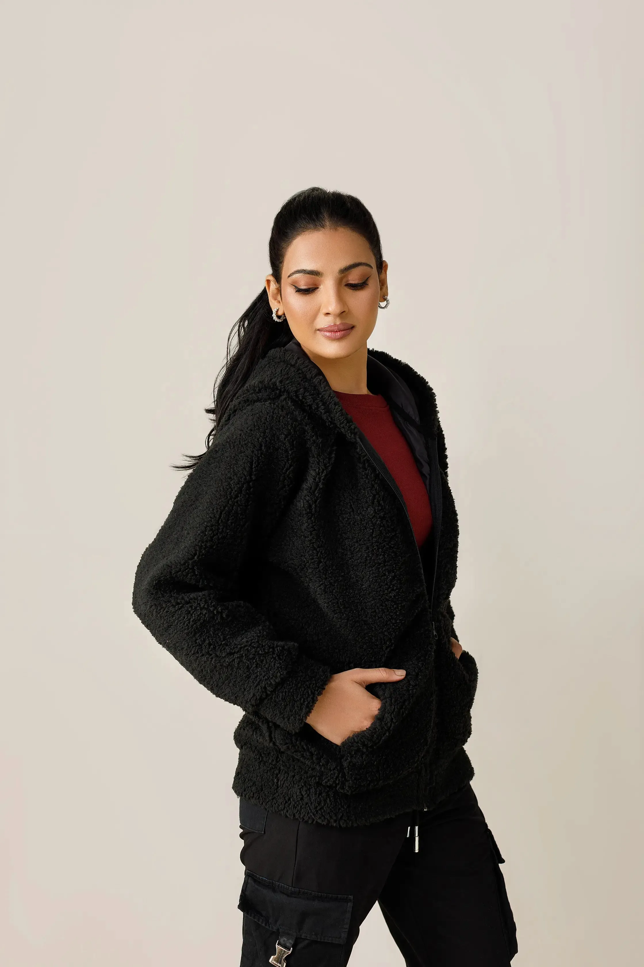 Black Cute Fur zipper Hoodie