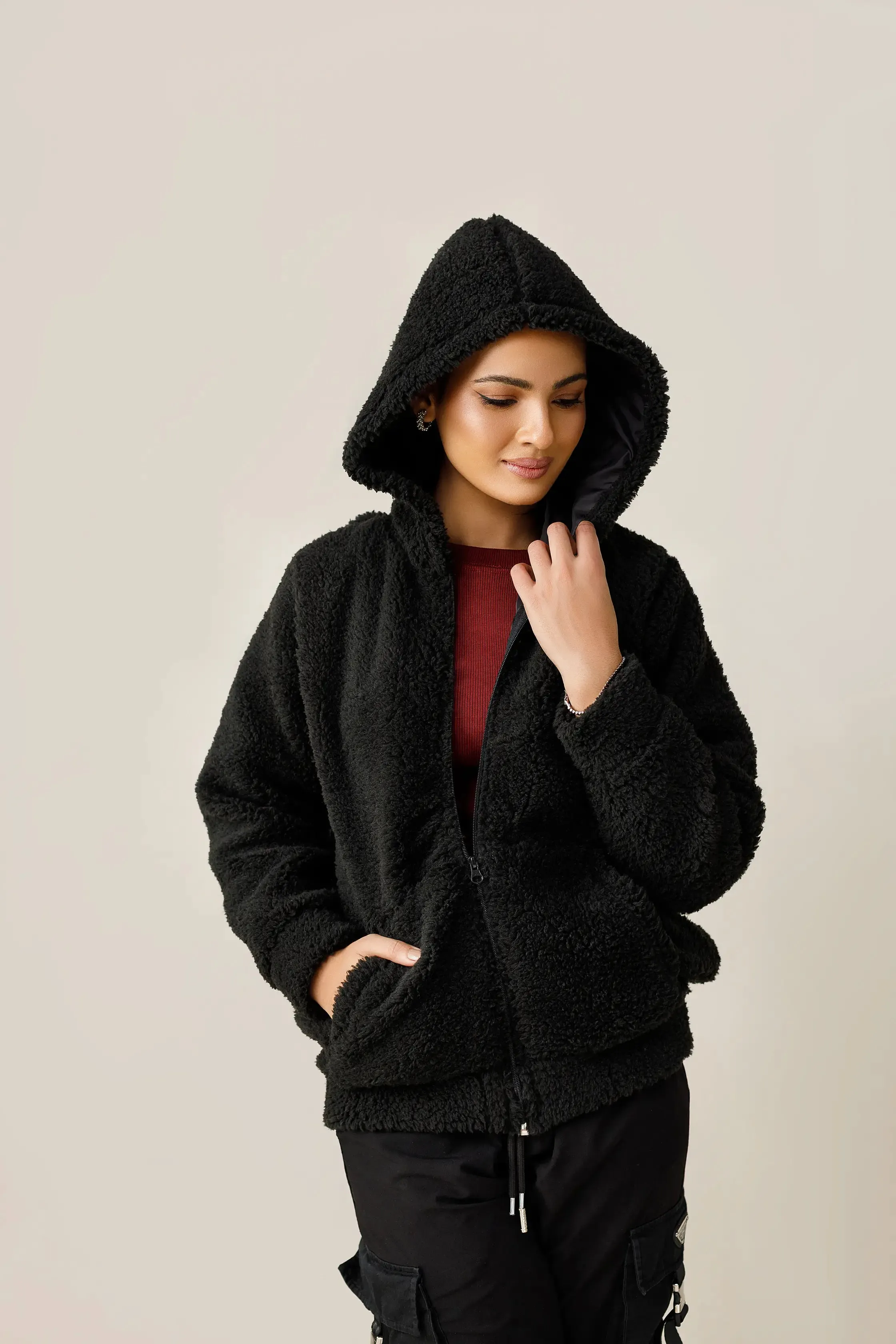 Black Cute Fur zipper Hoodie