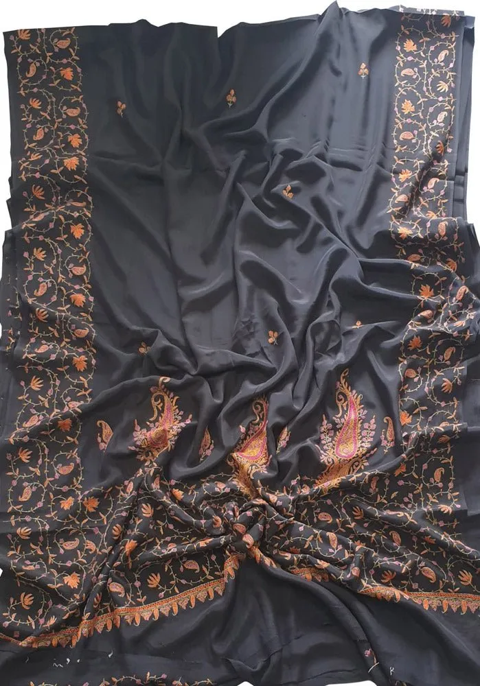 Black Embroidered Kashmiri Sozni Work Crepe Flower Design Saree