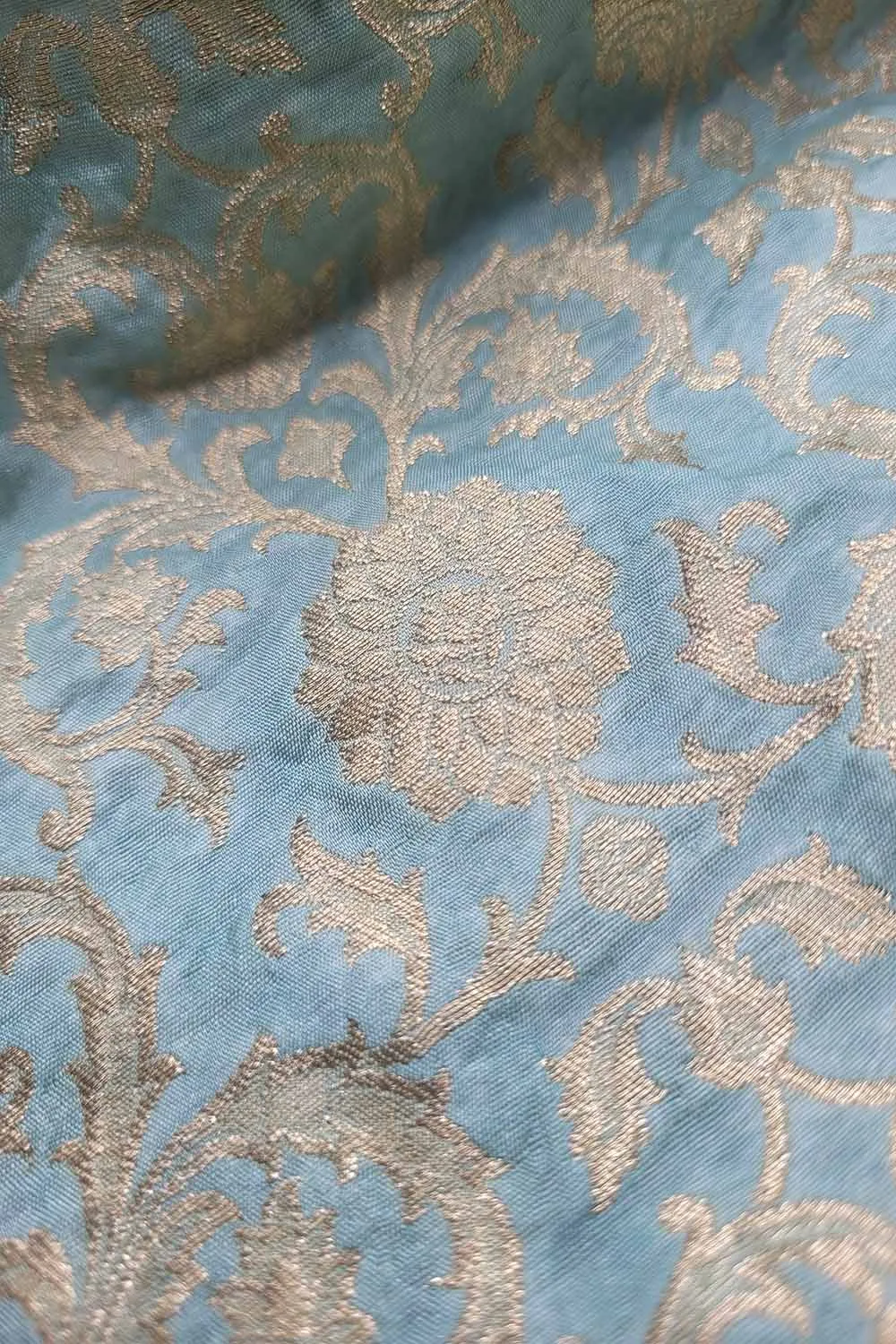 Blue Banarasi Silk Jaal Work Fabric - Luxurious and Elegant  ( 1 Mtr )