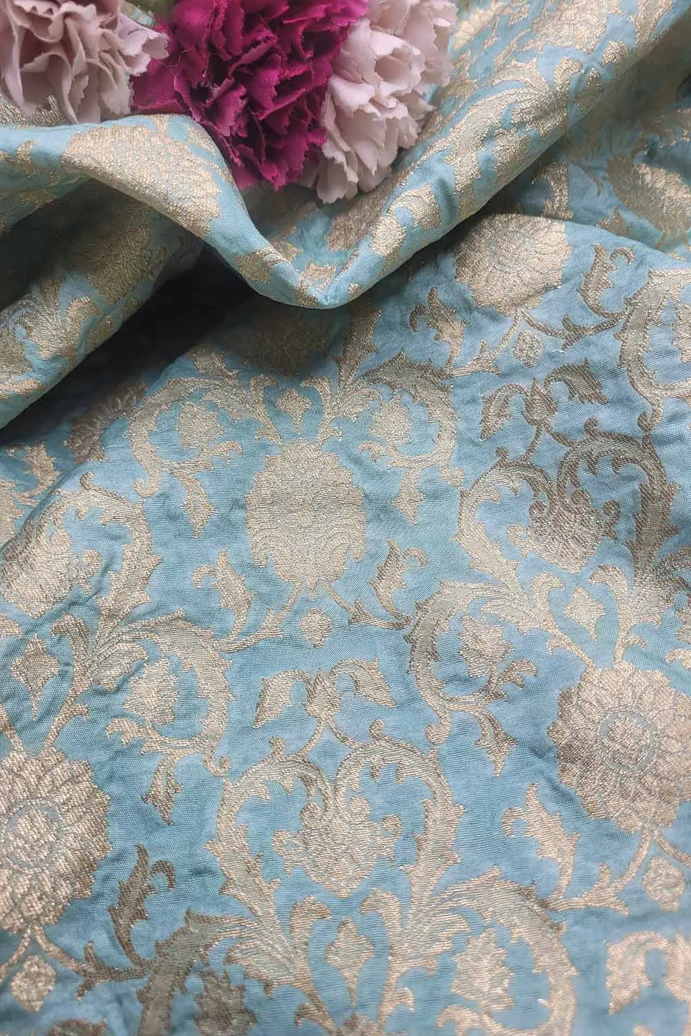 Blue Banarasi Silk Jaal Work Fabric - Luxurious and Elegant  ( 1 Mtr )