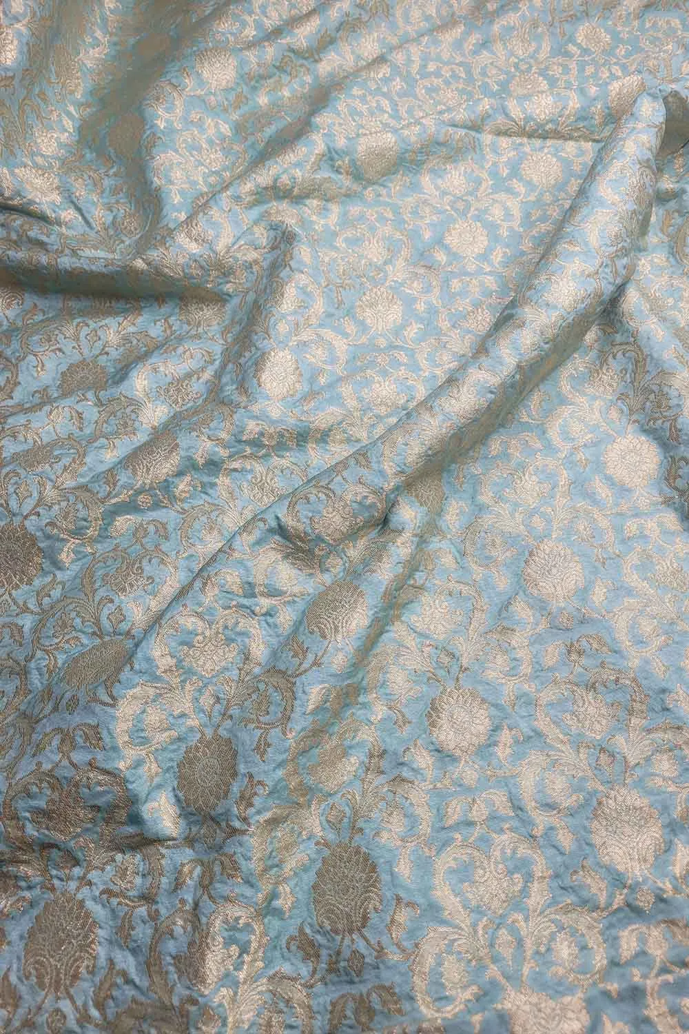 Blue Banarasi Silk Jaal Work Fabric - Luxurious and Elegant  ( 1 Mtr )