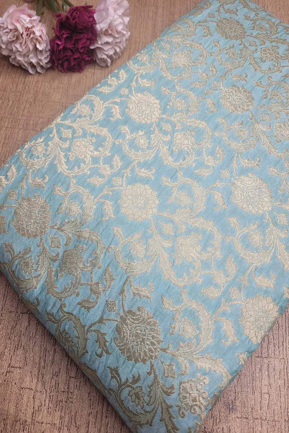 Blue Banarasi Silk Jaal Work Fabric - Luxurious and Elegant  ( 1 Mtr )
