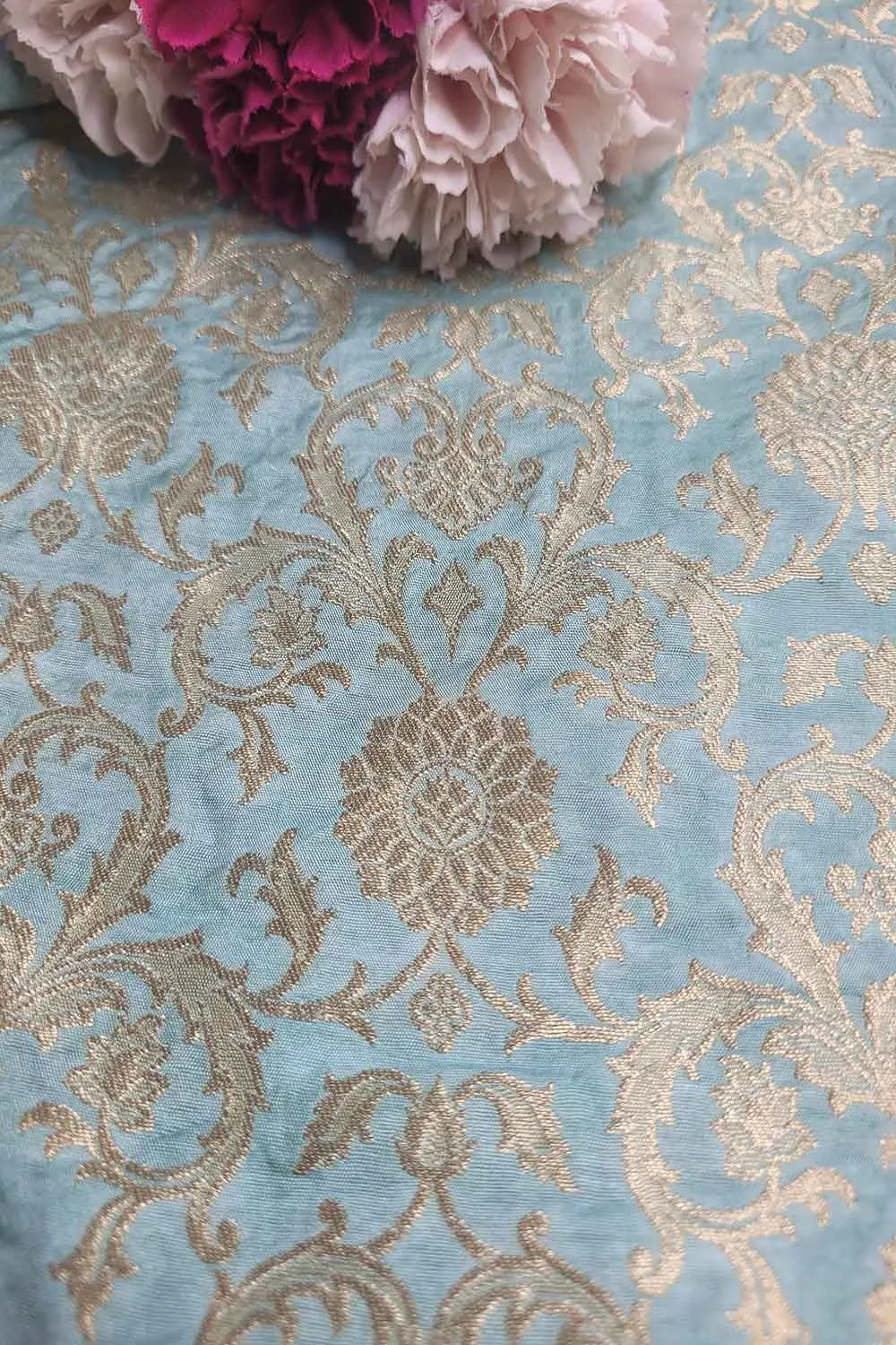 Blue Banarasi Silk Jaal Work Fabric - Luxurious and Elegant  ( 1 Mtr )