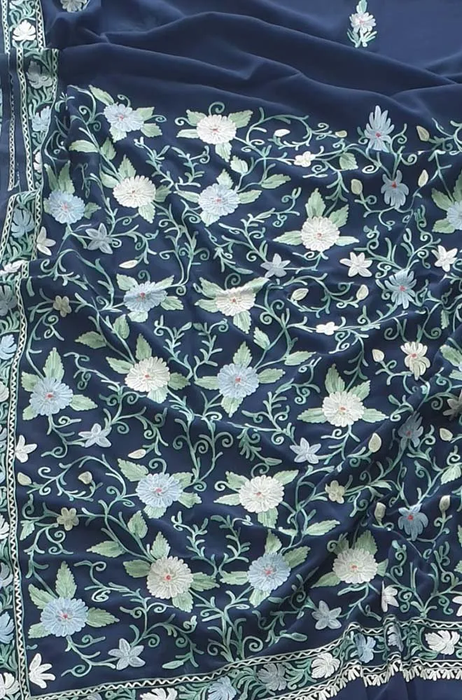 Blue Embroidered Kashmiri Aari Work Georgette Floral Design Saree