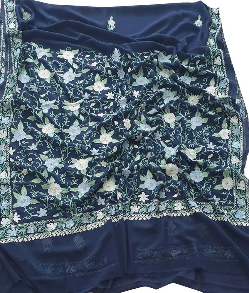 Blue Embroidered Kashmiri Aari Work Georgette Floral Design Saree