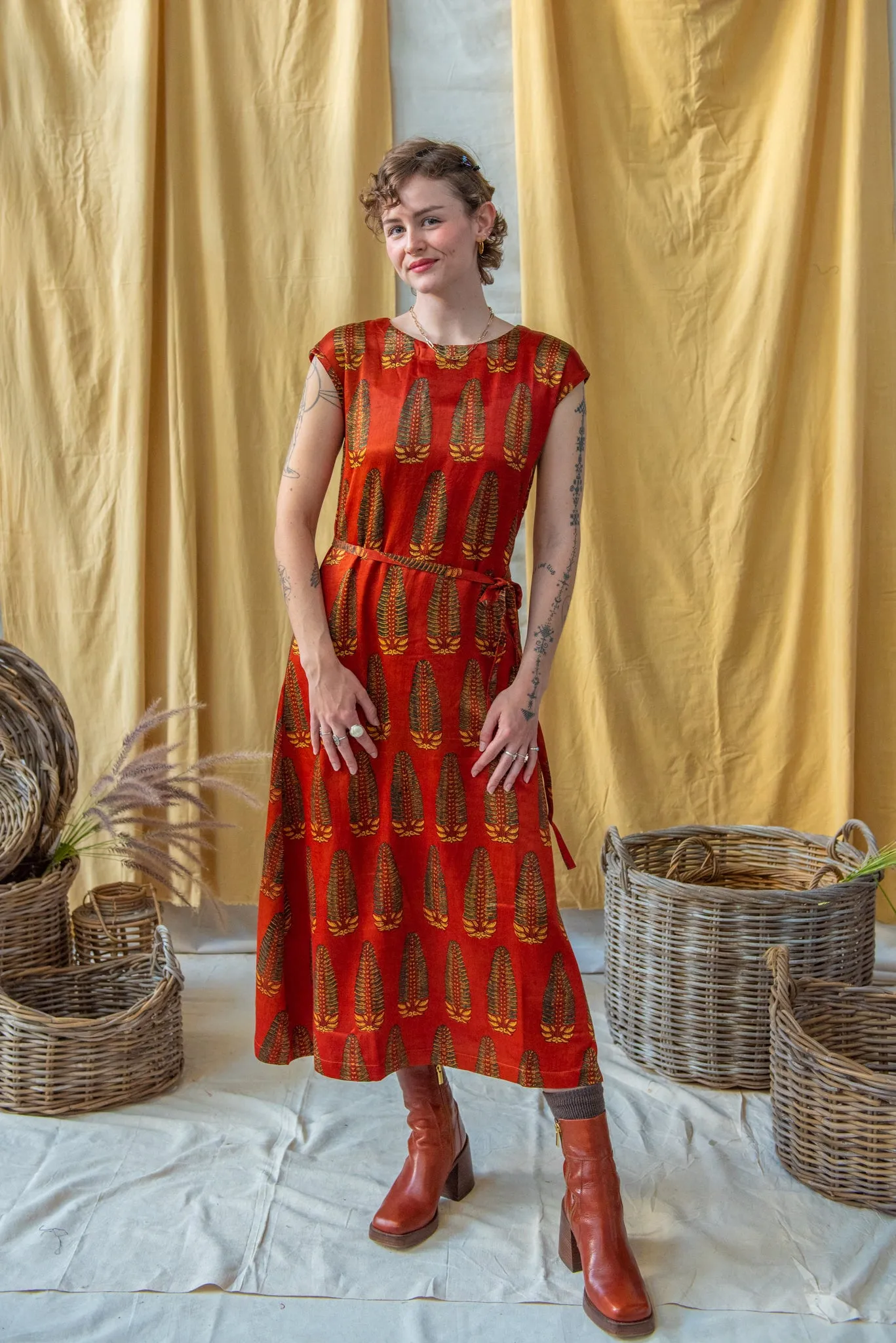 Cap Sleeve Dress Ajrakh Silk Mashru Red Palms Print