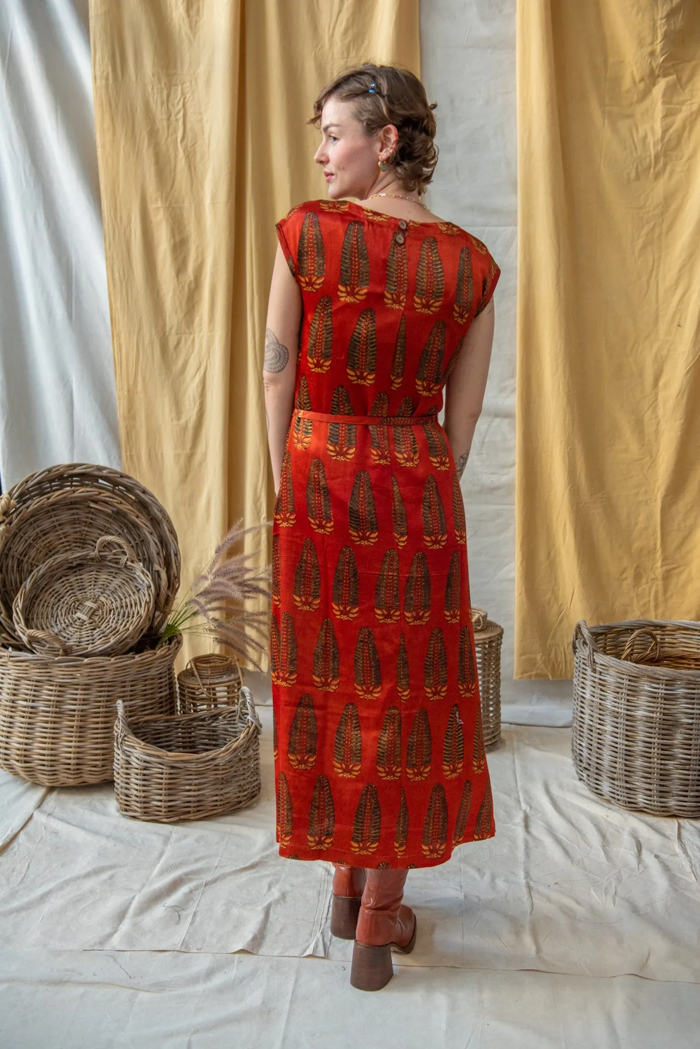 Cap Sleeve Dress Ajrakh Silk Mashru Red Palms Print