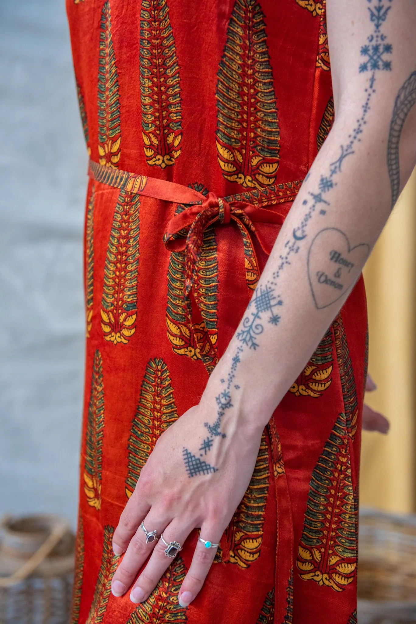 Cap Sleeve Dress Ajrakh Silk Mashru Red Palms Print