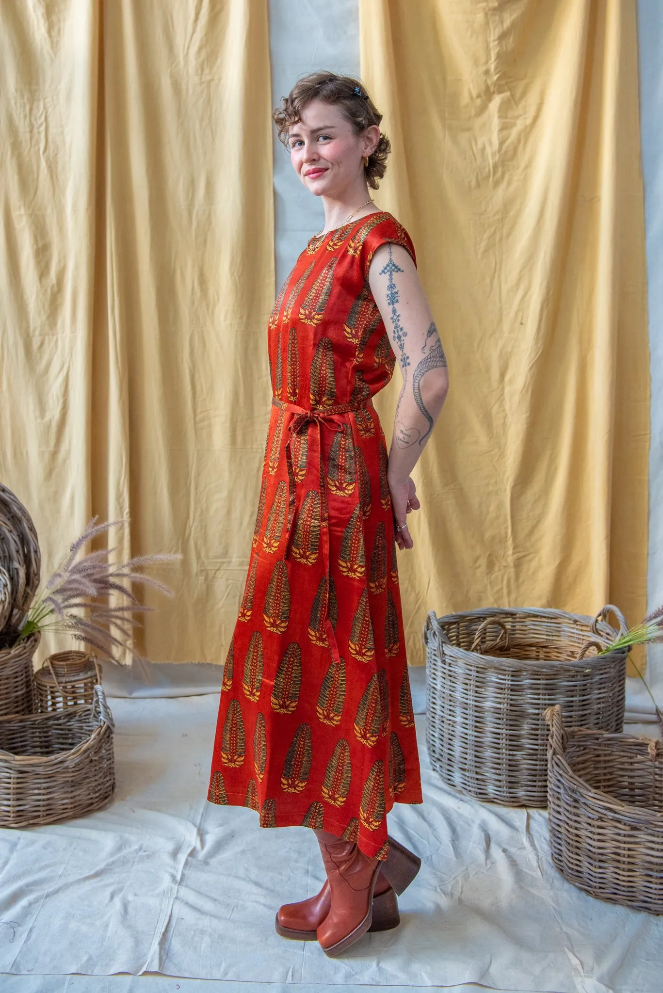 Cap Sleeve Dress Ajrakh Silk Mashru Red Palms Print