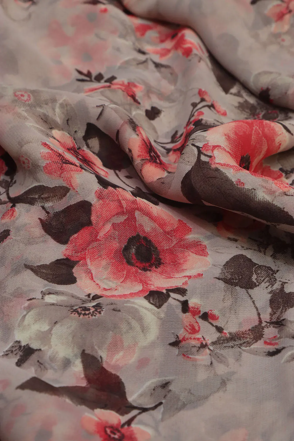 Chic Grey Digital Printed Georgette Saree With Plain Silk Blouse Piece Fabric