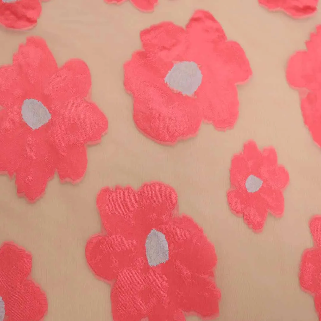 Coral Pink Floral Textured And Beige Embroidered Organza Fabric