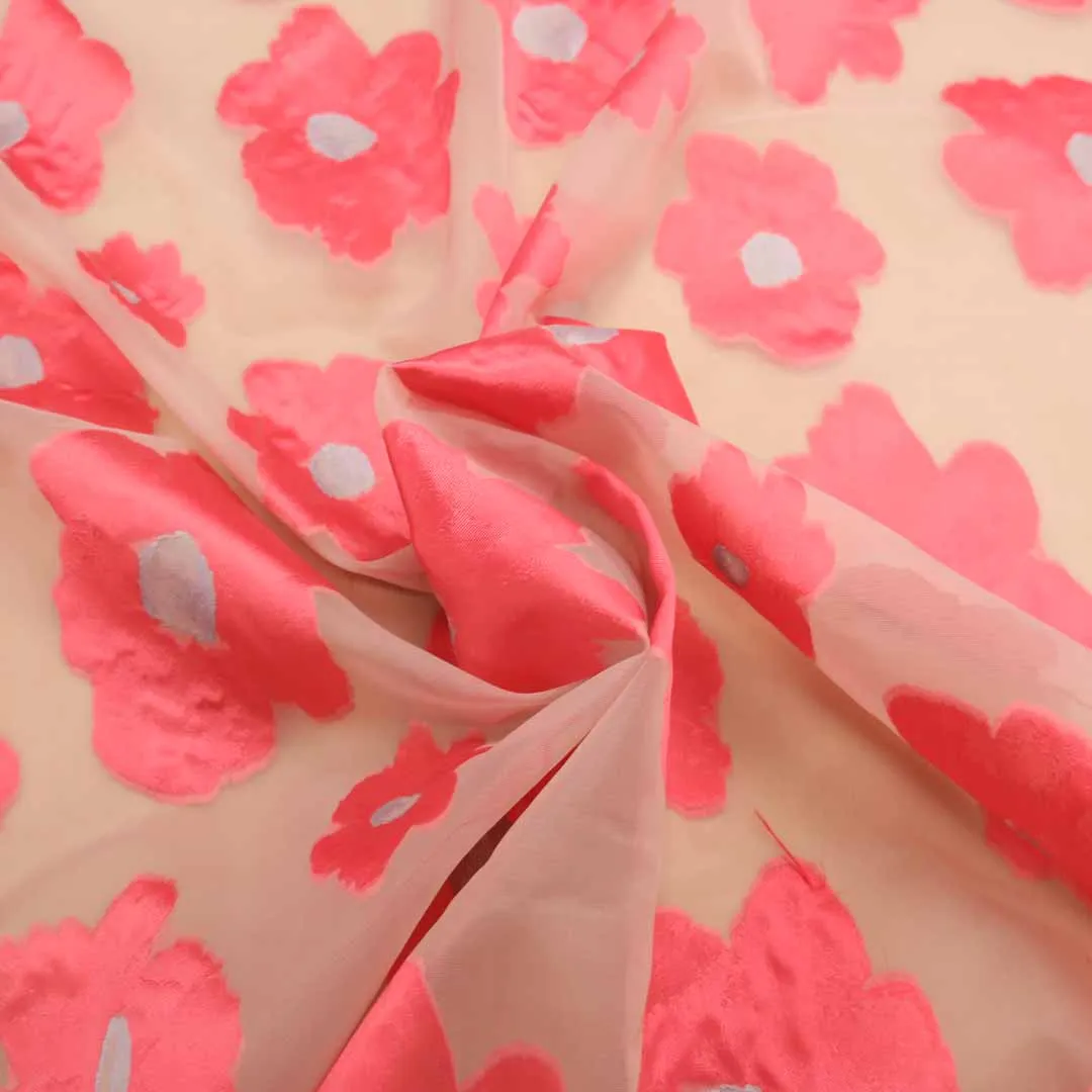 Coral Pink Floral Textured And Beige Embroidered Organza Fabric