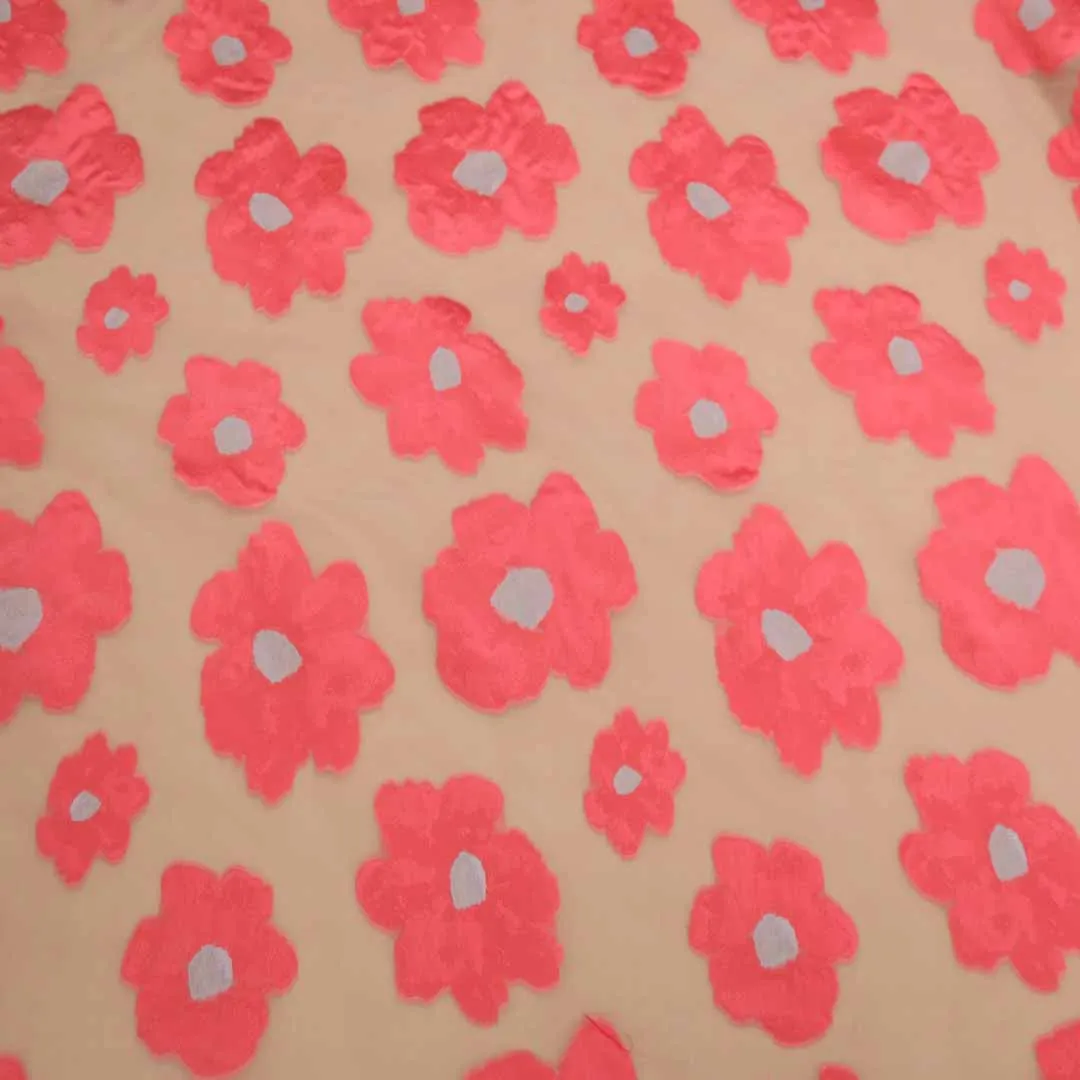 Coral Pink Floral Textured And Beige Embroidered Organza Fabric