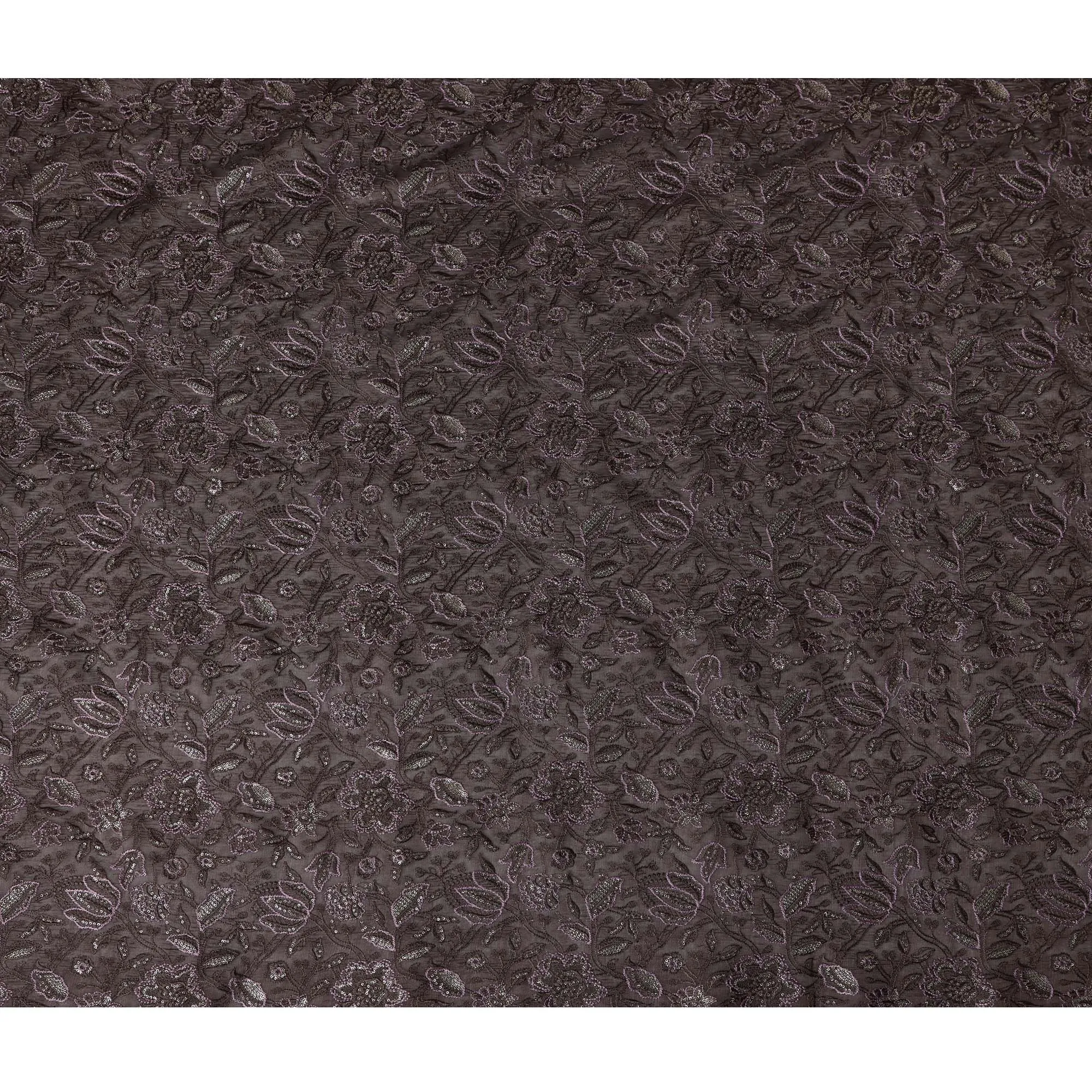 Dark Brown Tussar Silk Fabric with Floral Embroidery, 110 cm Width-D20949