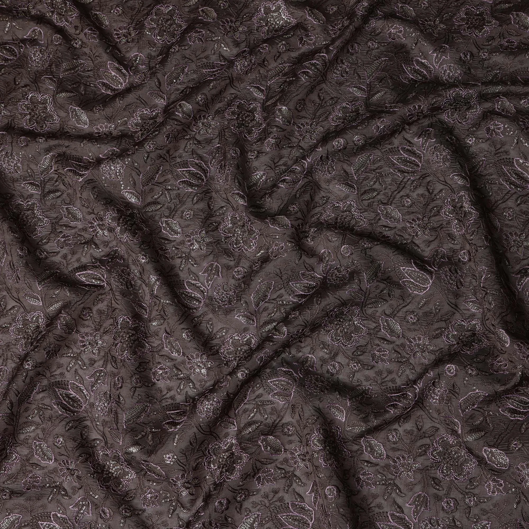 Dark Brown Tussar Silk Fabric with Floral Embroidery, 110 cm Width-D20949