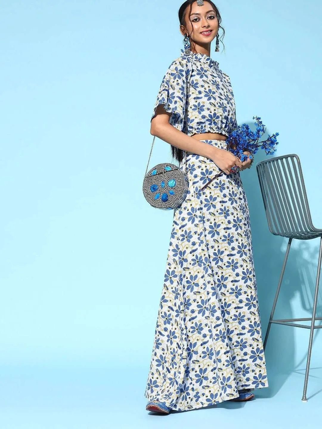 Designer Indian Floral Crop Top With Slit Skirt Set