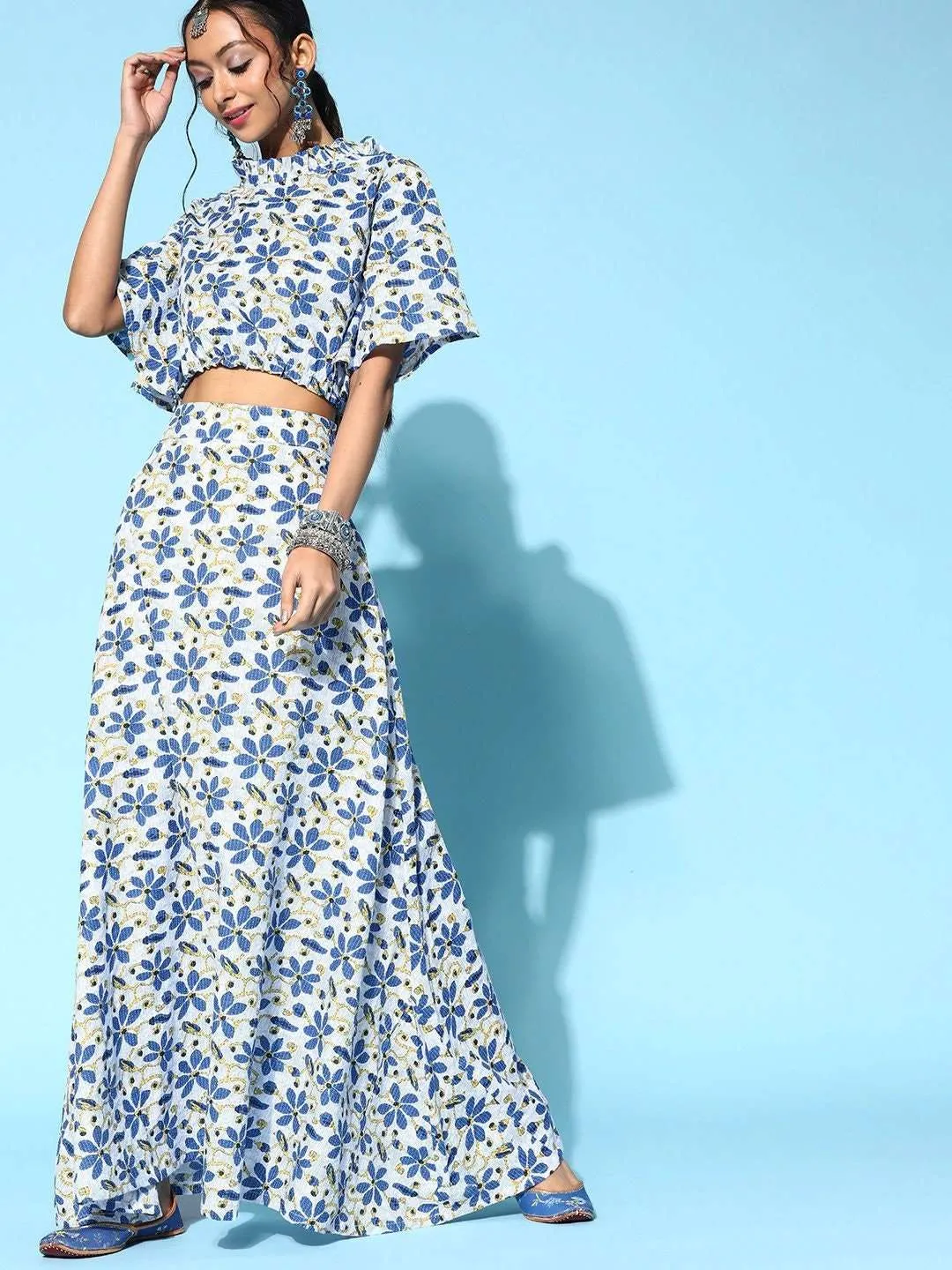 Designer Indian Floral Crop Top With Slit Skirt Set