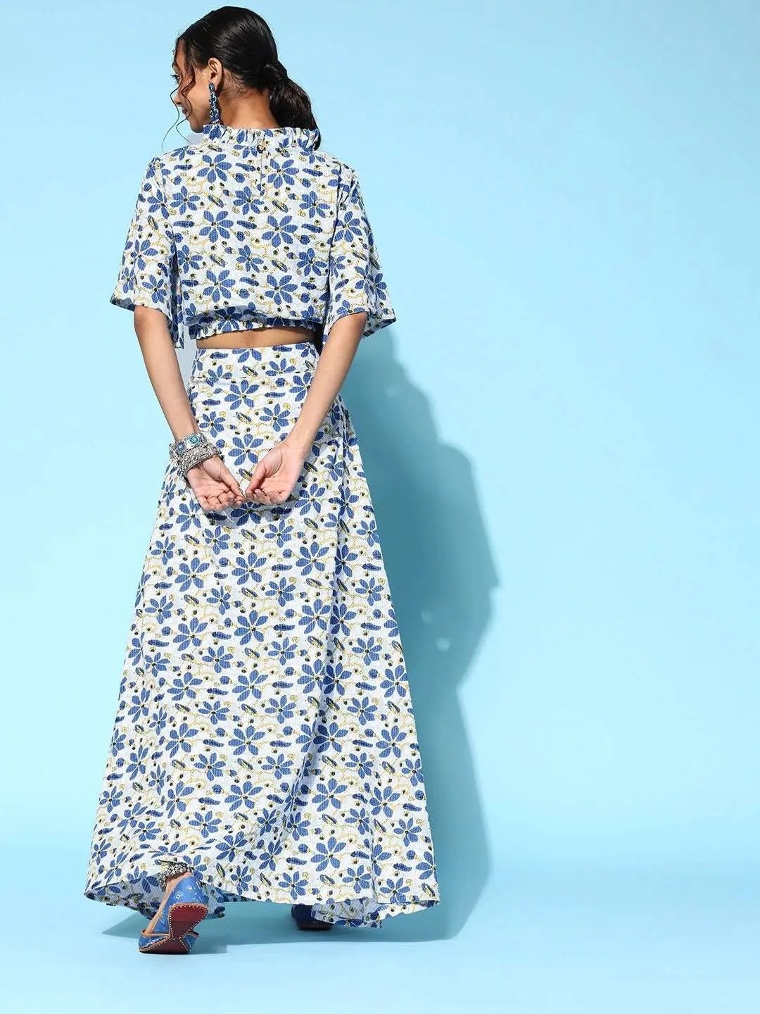 Designer Indian Floral Crop Top With Slit Skirt Set