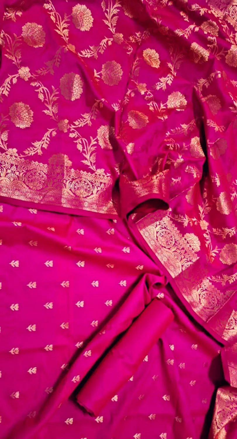 Elegant Pink Banarasi Silk Unstitched Suit Set