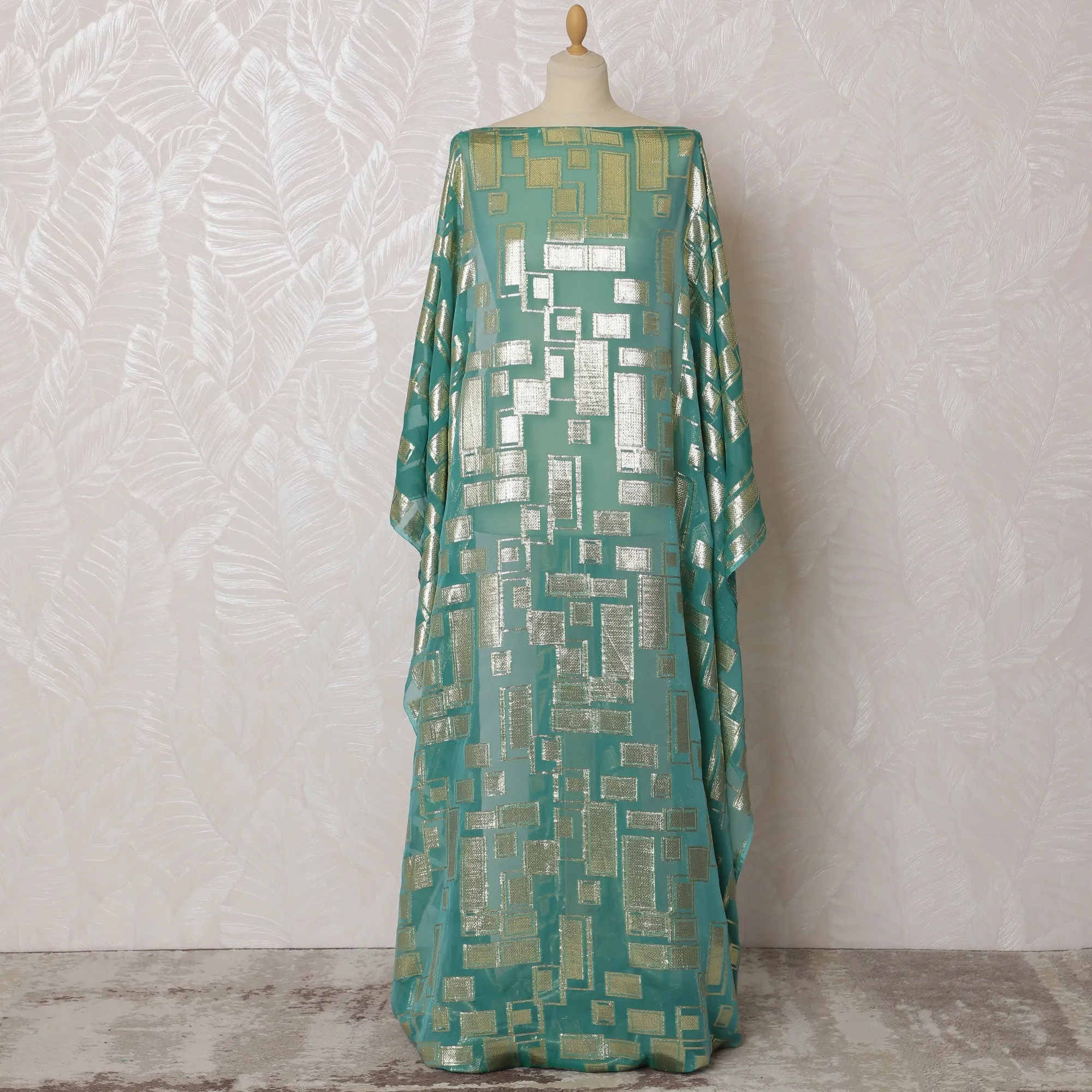 Elegant Turquoise and Silver Geometric Pattern Pure French Silk (Fransawi Dirac) Chiffon Fabric – 140 cm Wide X 3.5 Mtrs-D19829
