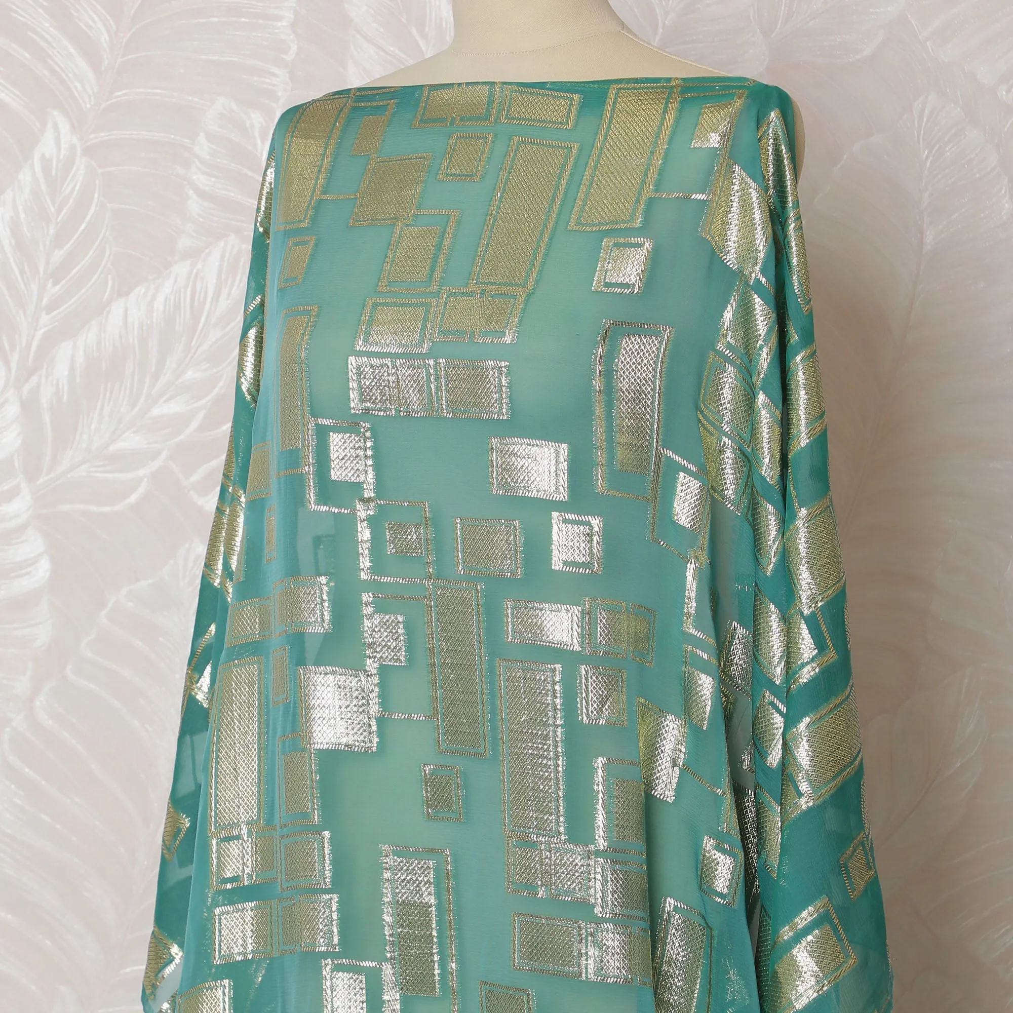 Elegant Turquoise and Silver Geometric Pattern Pure French Silk (Fransawi Dirac) Chiffon Fabric – 140 cm Wide X 3.5 Mtrs-D19829