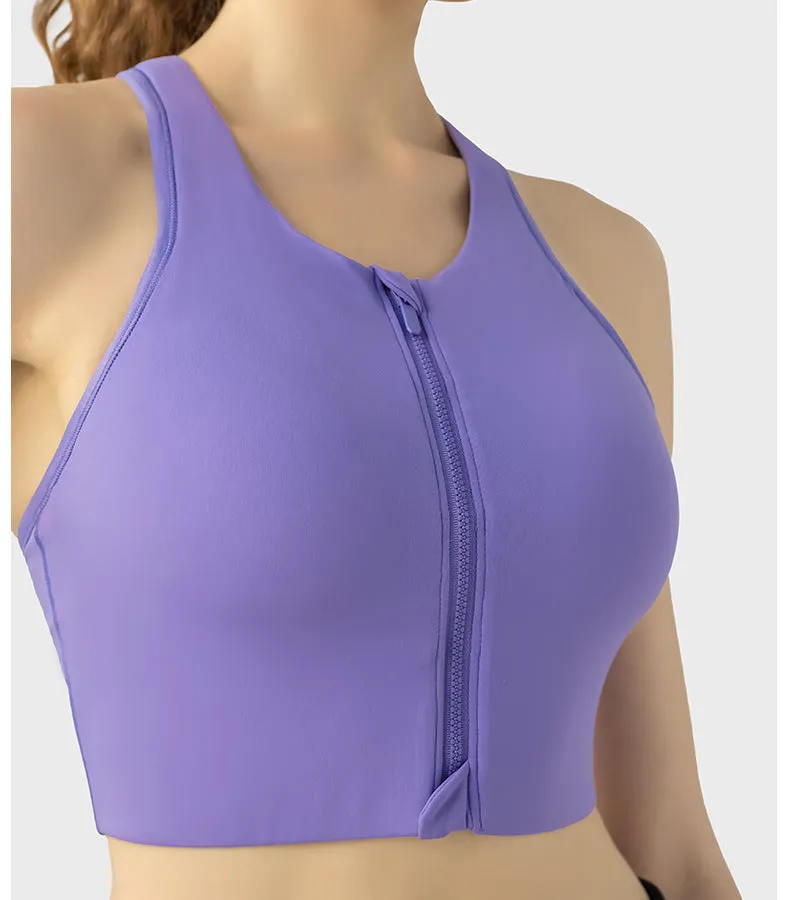 Front Zipper Closure Explosion Proof One Piece Cup Sports Underwear Adjustable Wide Shoulder Strap Support Shockproof Sports Bra