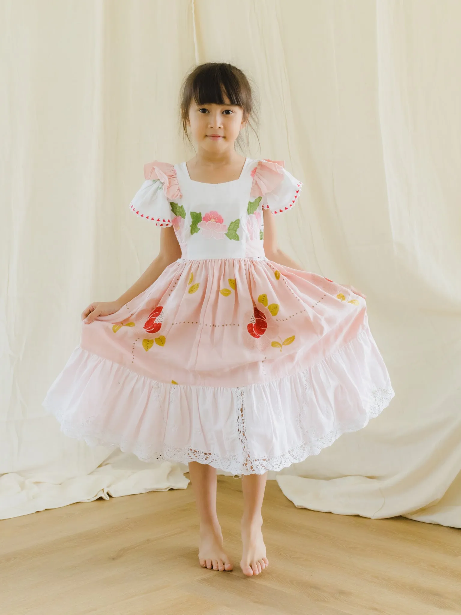 Girl's Floral Embroidered Dress With Lace Border