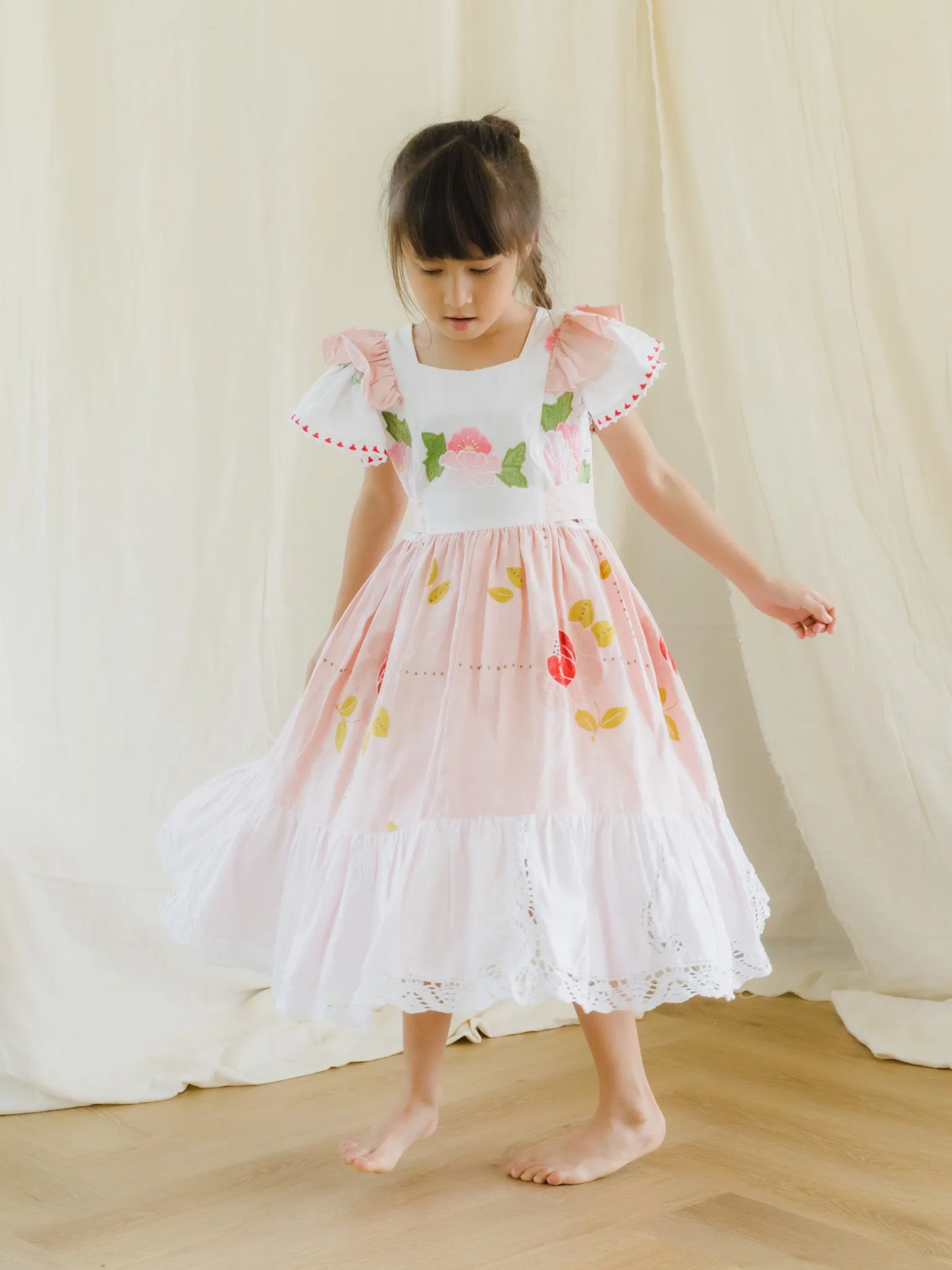 Girl's Floral Embroidered Dress With Lace Border