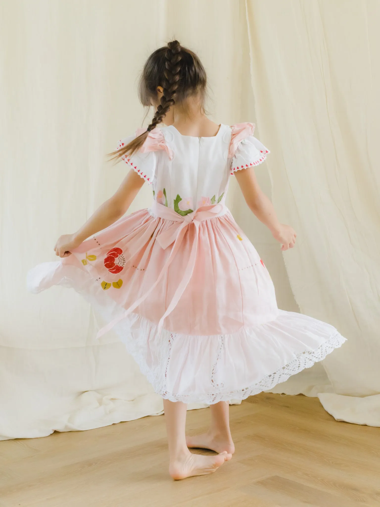 Girl's Floral Embroidered Dress With Lace Border