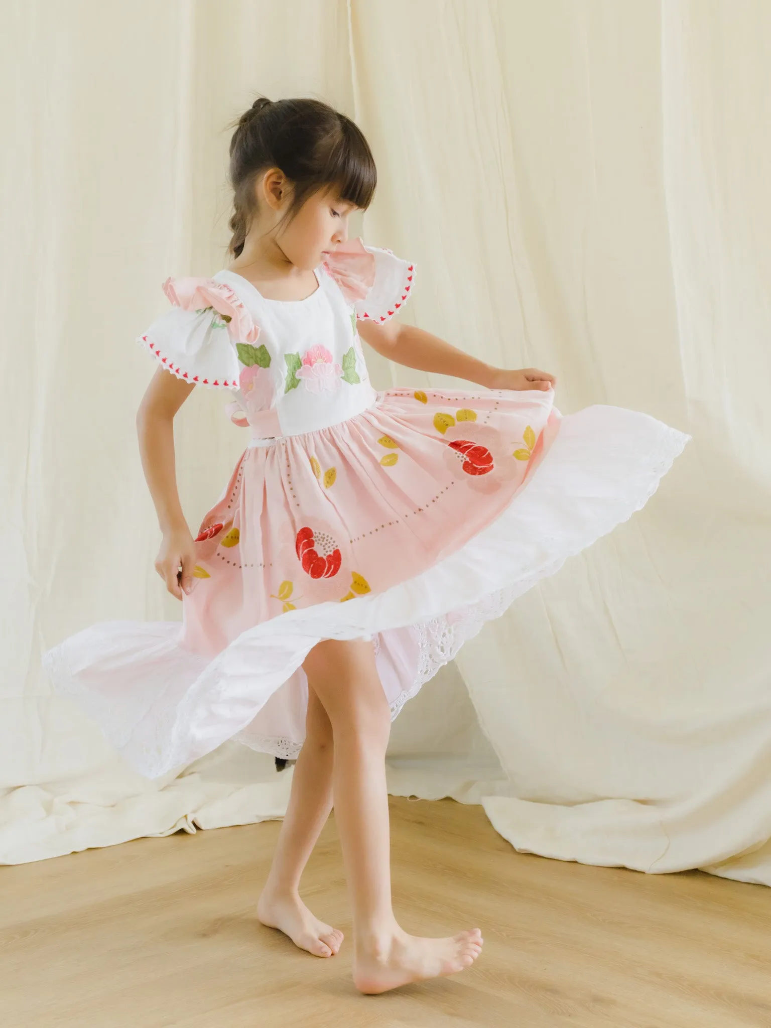 Girl's Floral Embroidered Dress With Lace Border