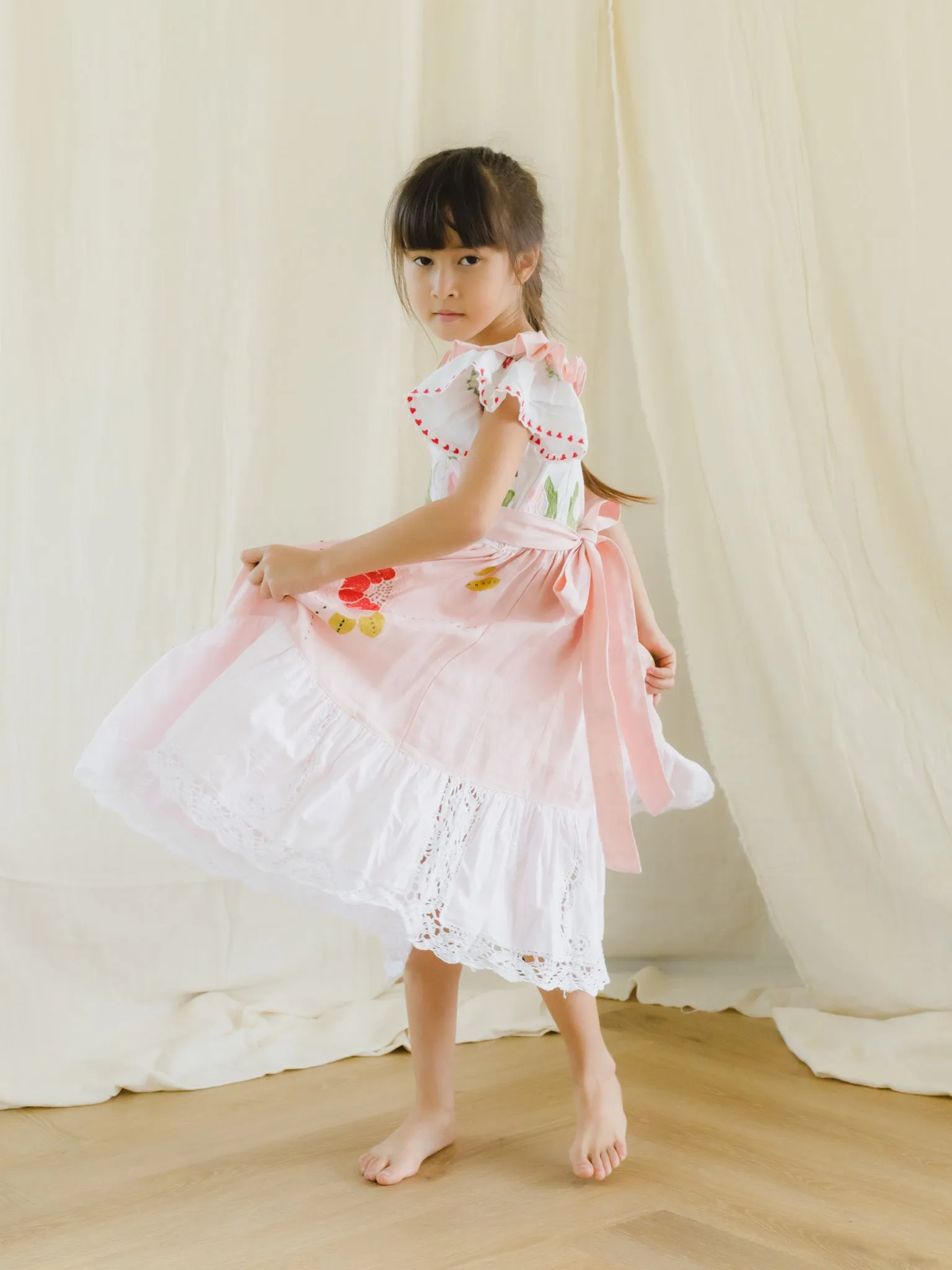 Girl's Floral Embroidered Dress With Lace Border