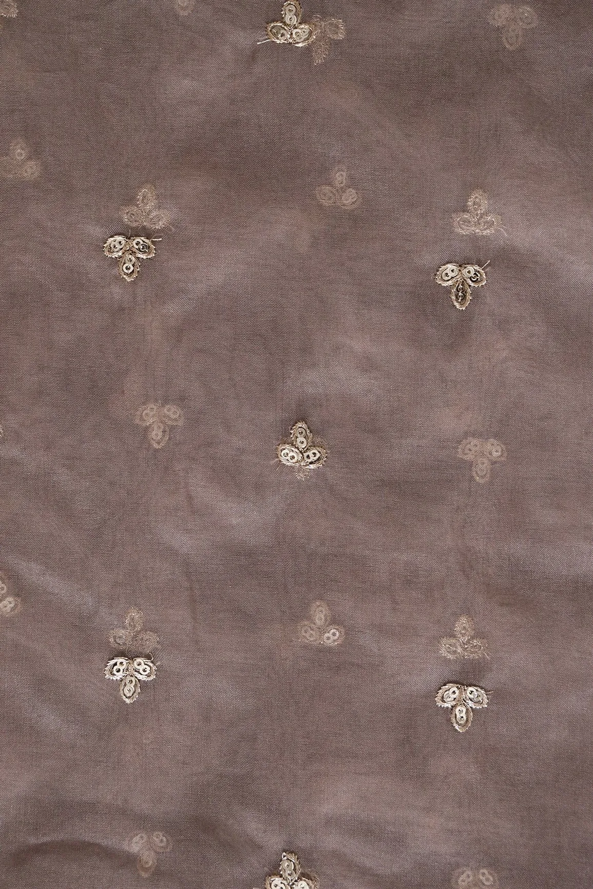 Gold Sequins With Gold Zari Small Leafy Motif Embroidery Work On Brown Organza Fabric
