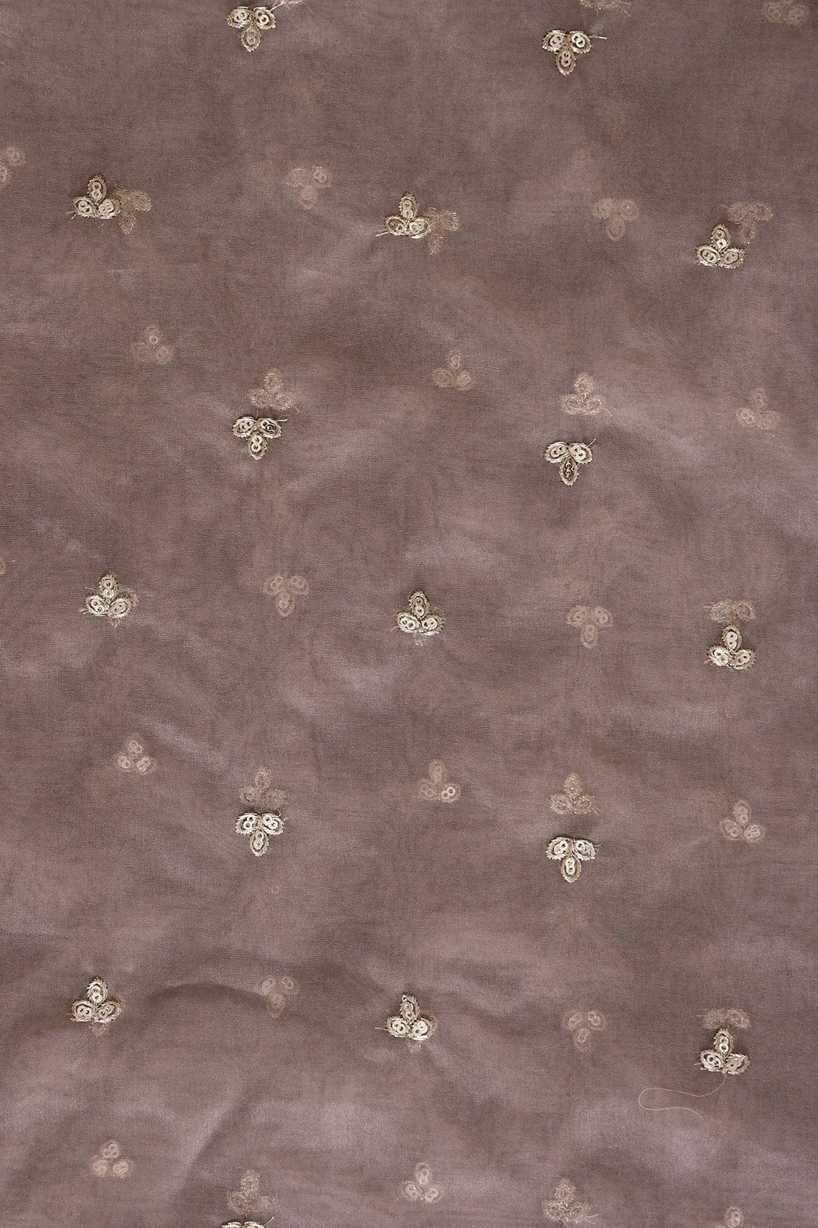 Gold Sequins With Gold Zari Small Leafy Motif Embroidery Work On Brown Organza Fabric