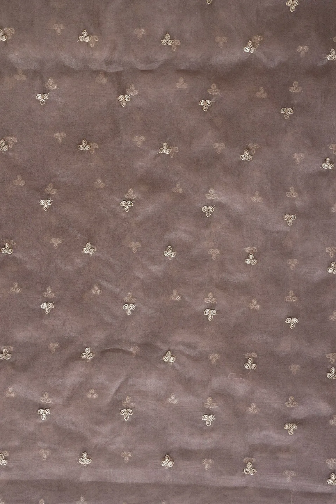 Gold Sequins With Gold Zari Small Leafy Motif Embroidery Work On Brown Organza Fabric