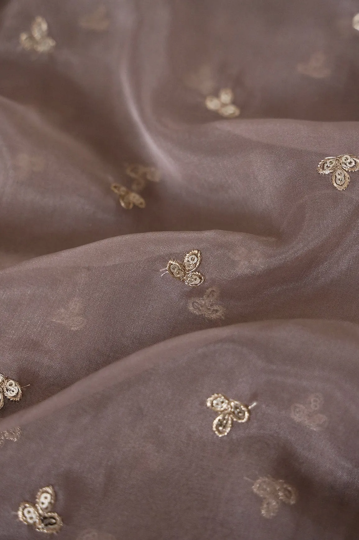Gold Sequins With Gold Zari Small Leafy Motif Embroidery Work On Brown Organza Fabric