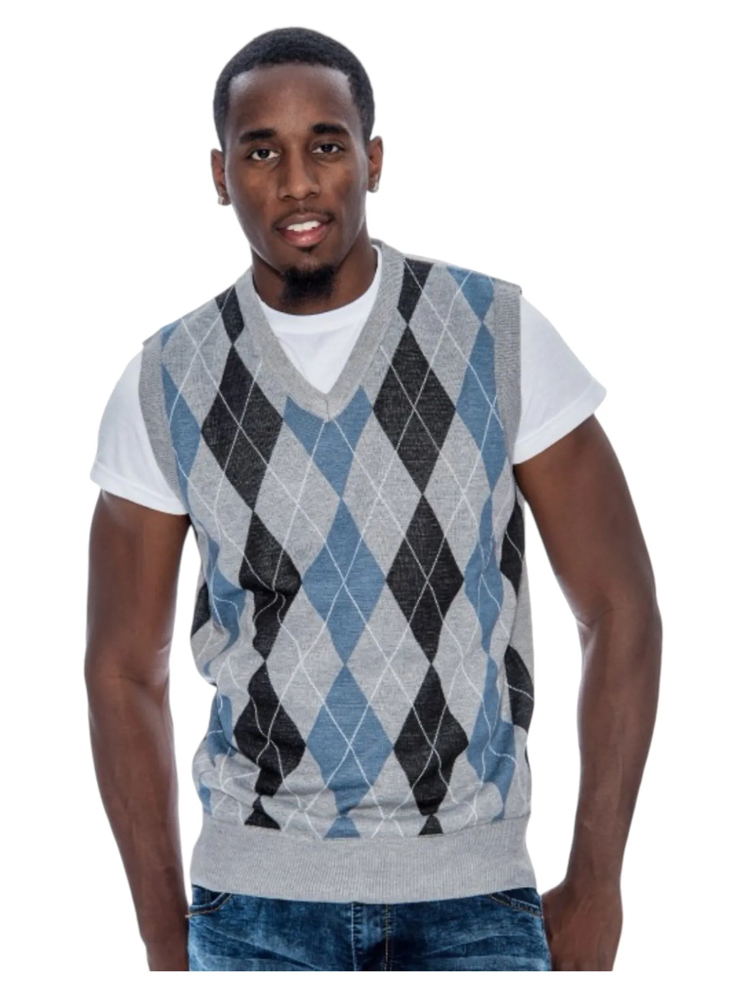Grey Men's Argyle Sweater Vest Knitwear Sleeveless Pullover STYLE-9902