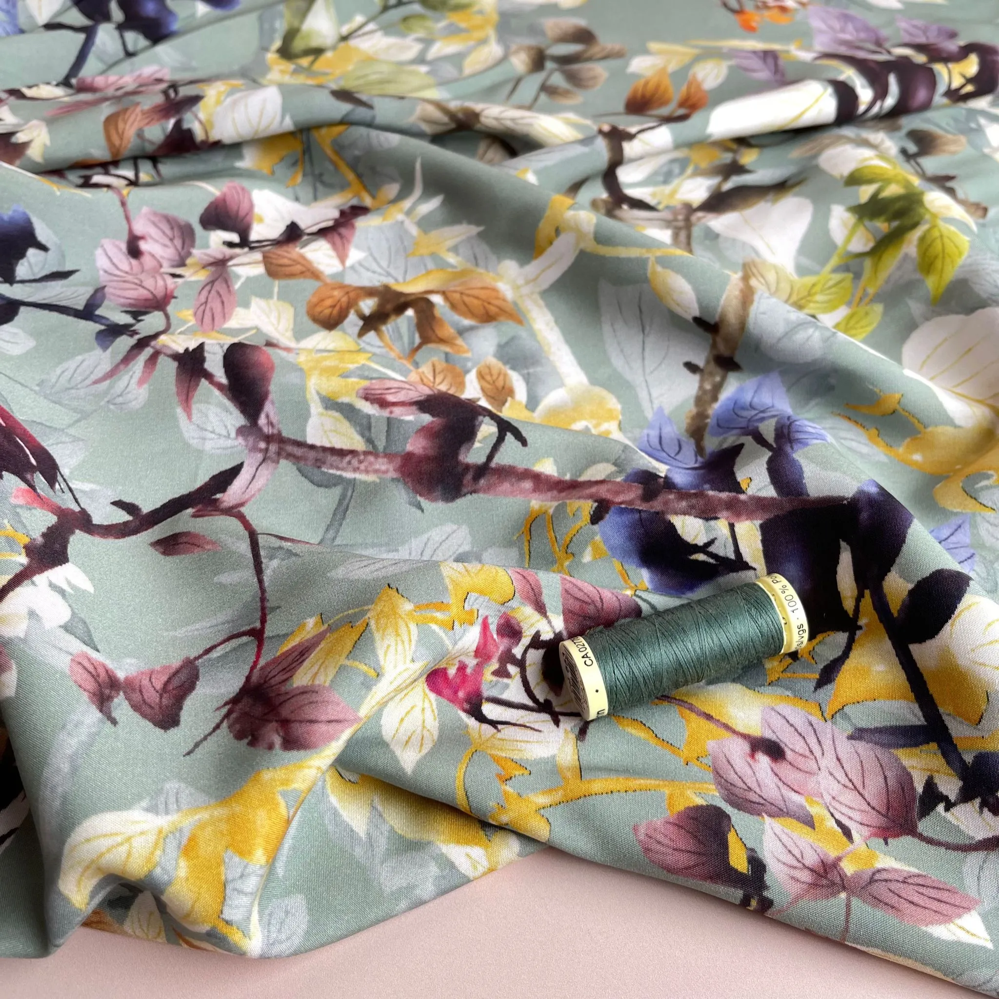 Hazy Foliage on Sage Green Viscose Fabric