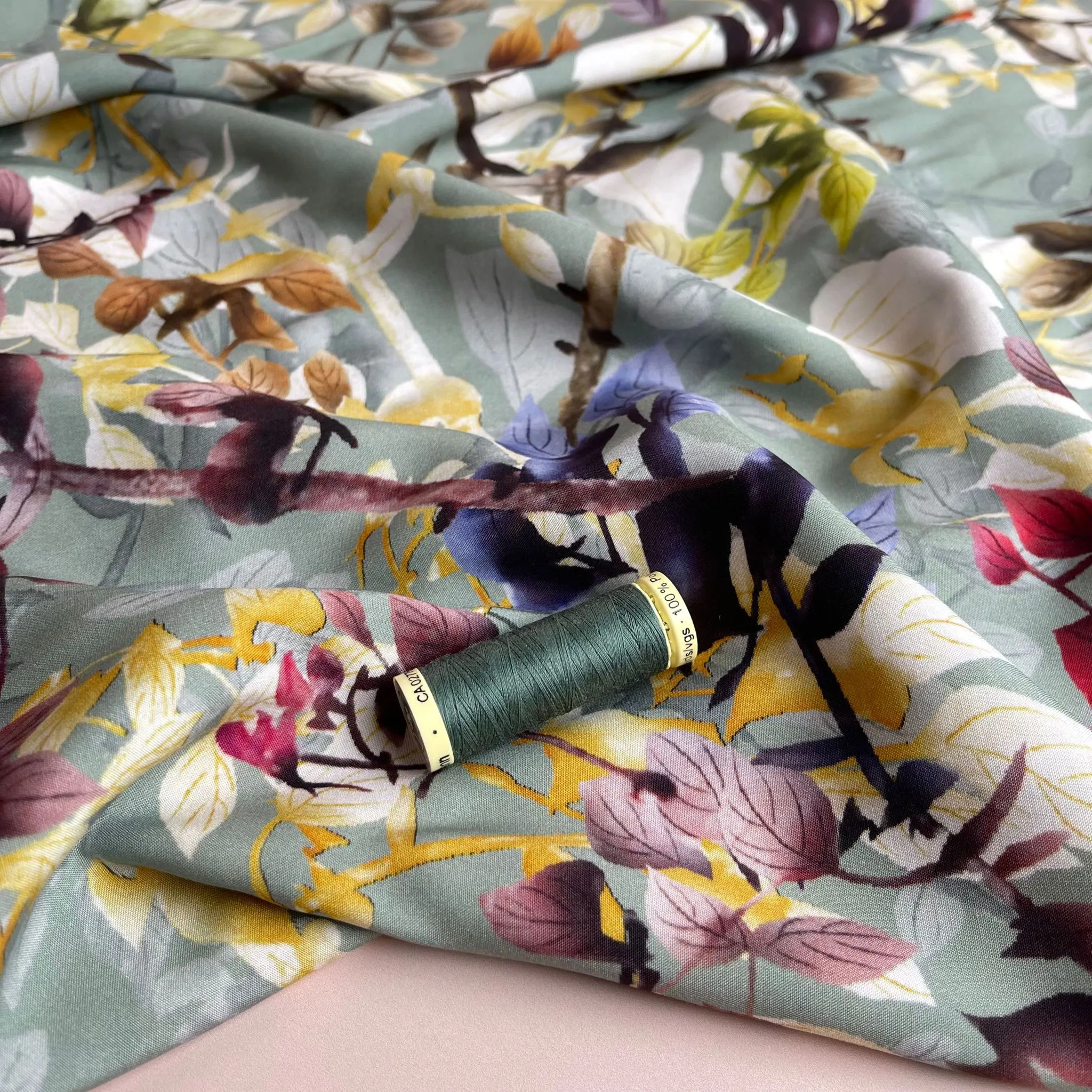 Hazy Foliage on Sage Green Viscose Fabric