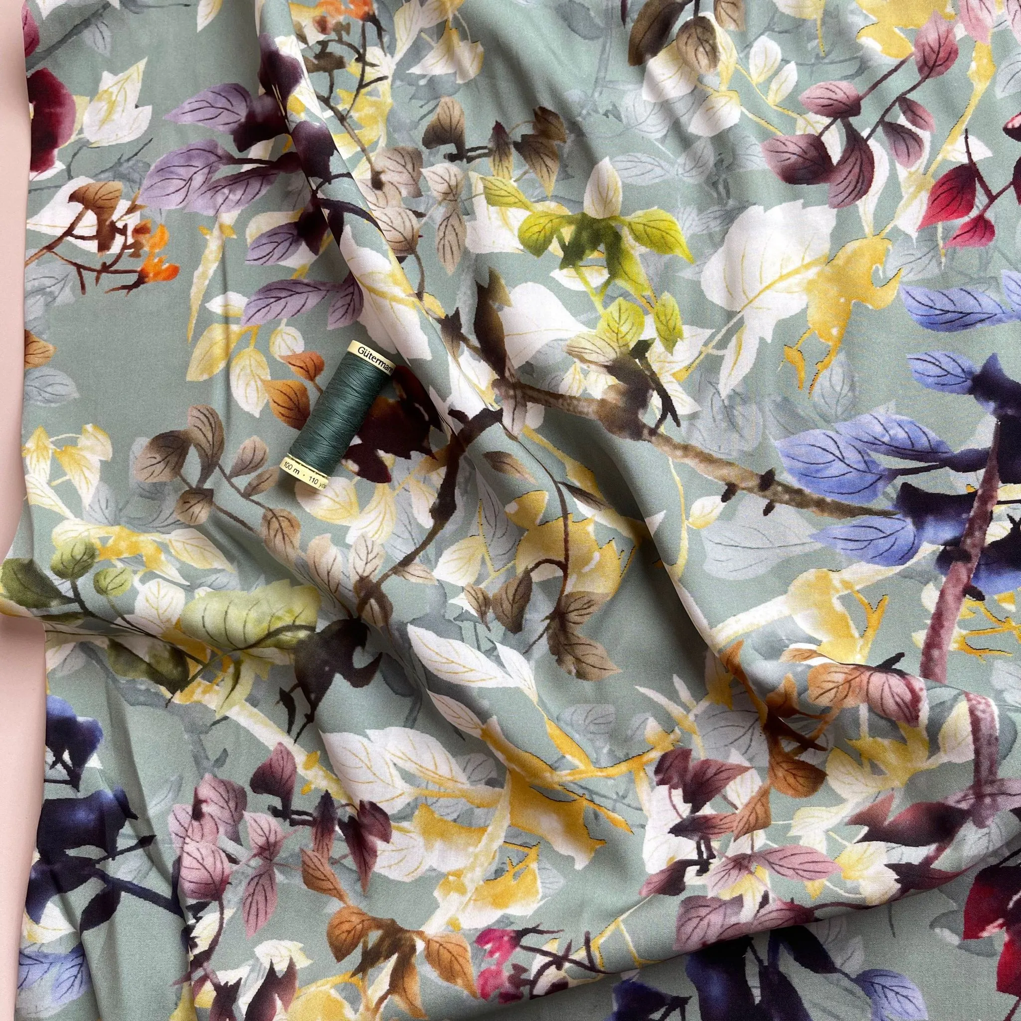 Hazy Foliage on Sage Green Viscose Fabric