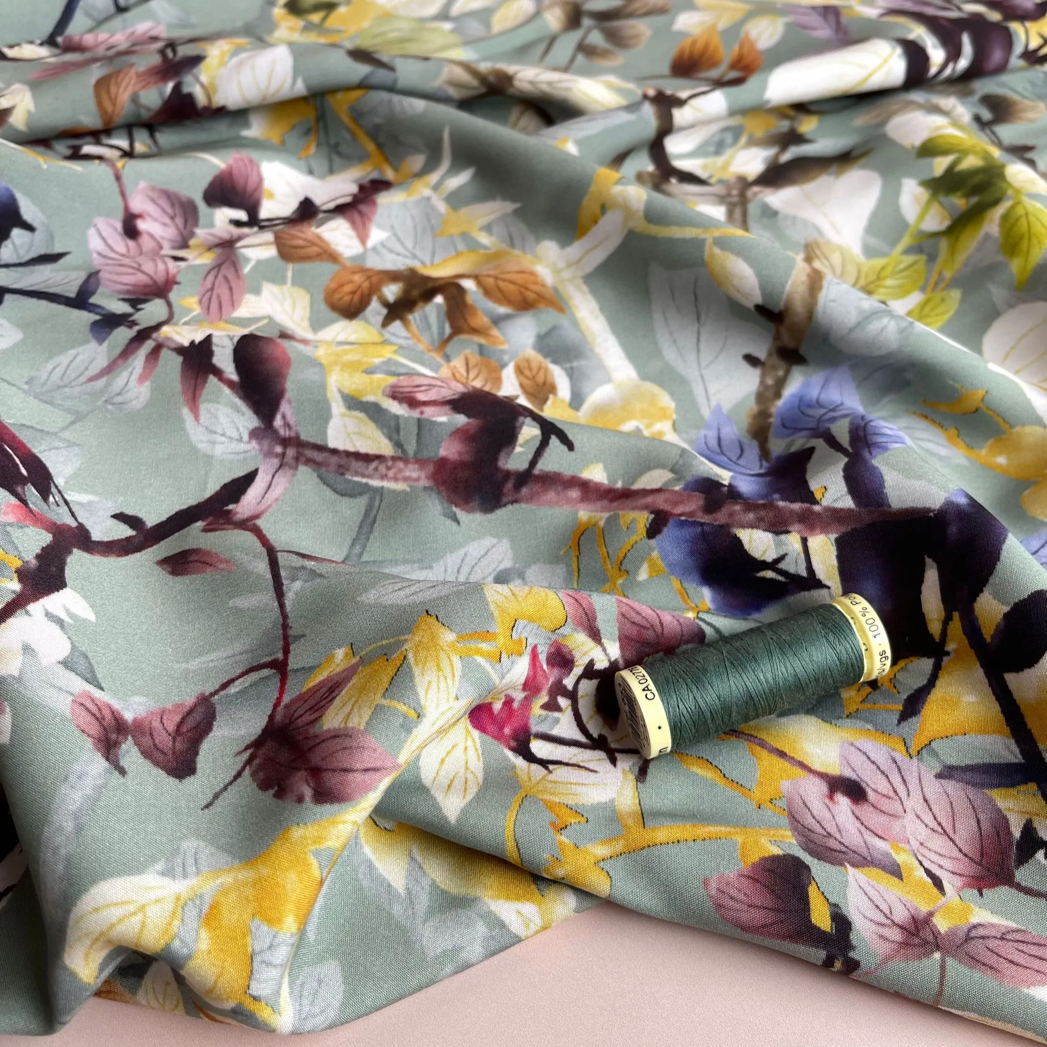 Hazy Foliage on Sage Green Viscose Fabric