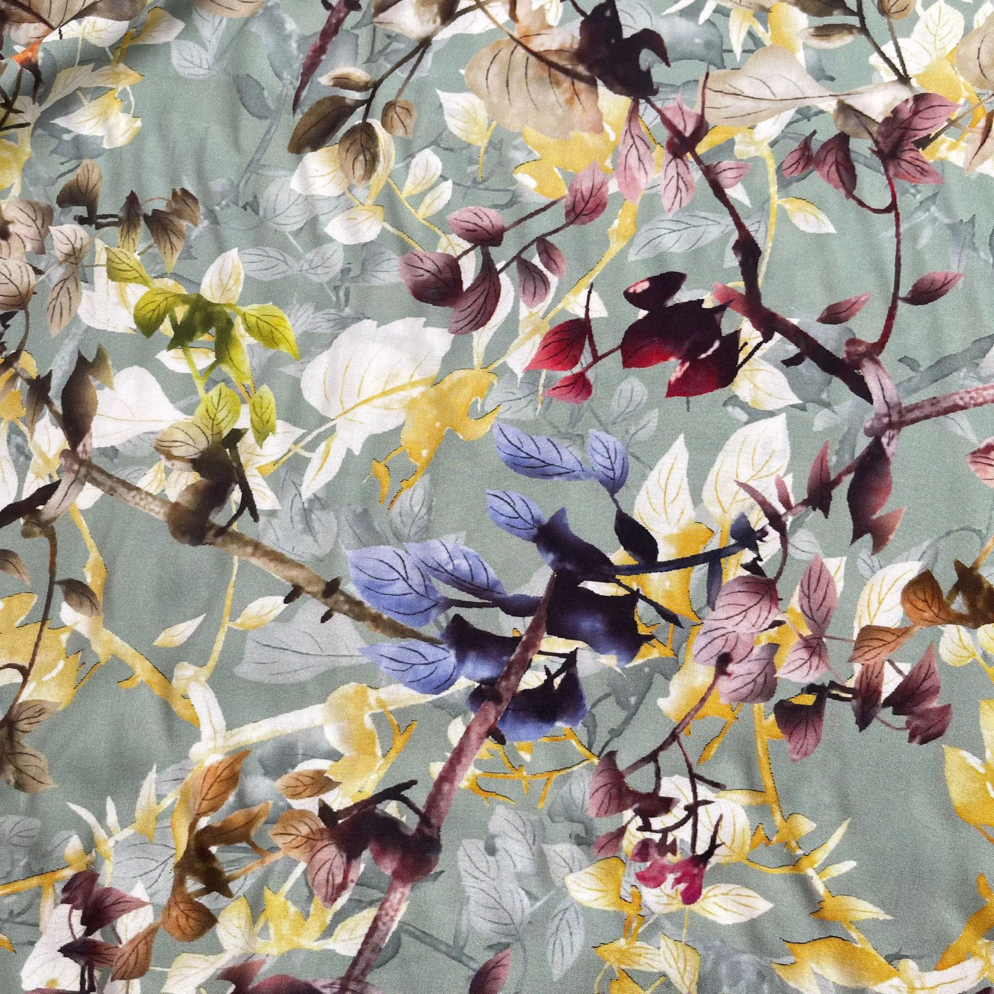Hazy Foliage on Sage Green Viscose Fabric