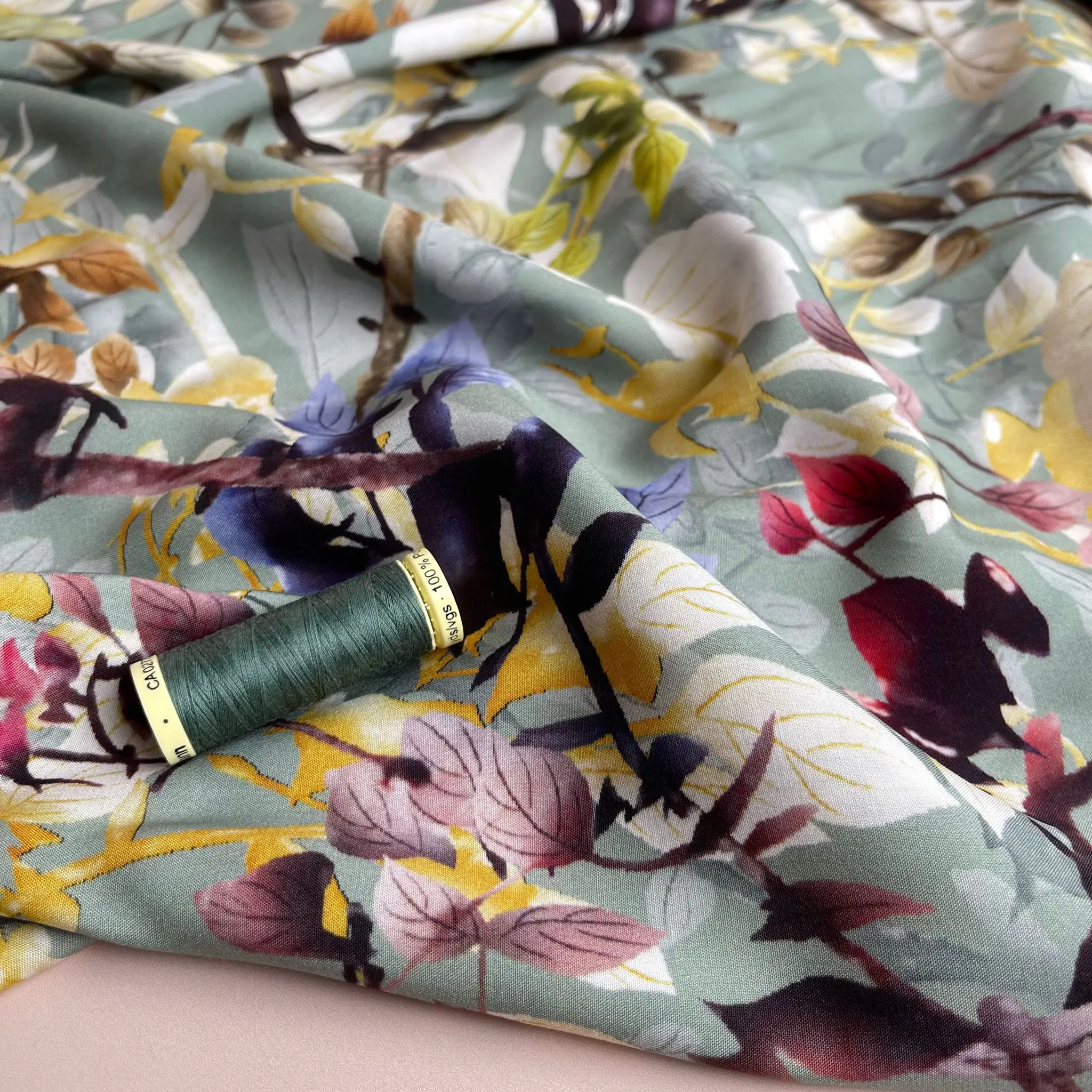 Hazy Foliage on Sage Green Viscose Fabric