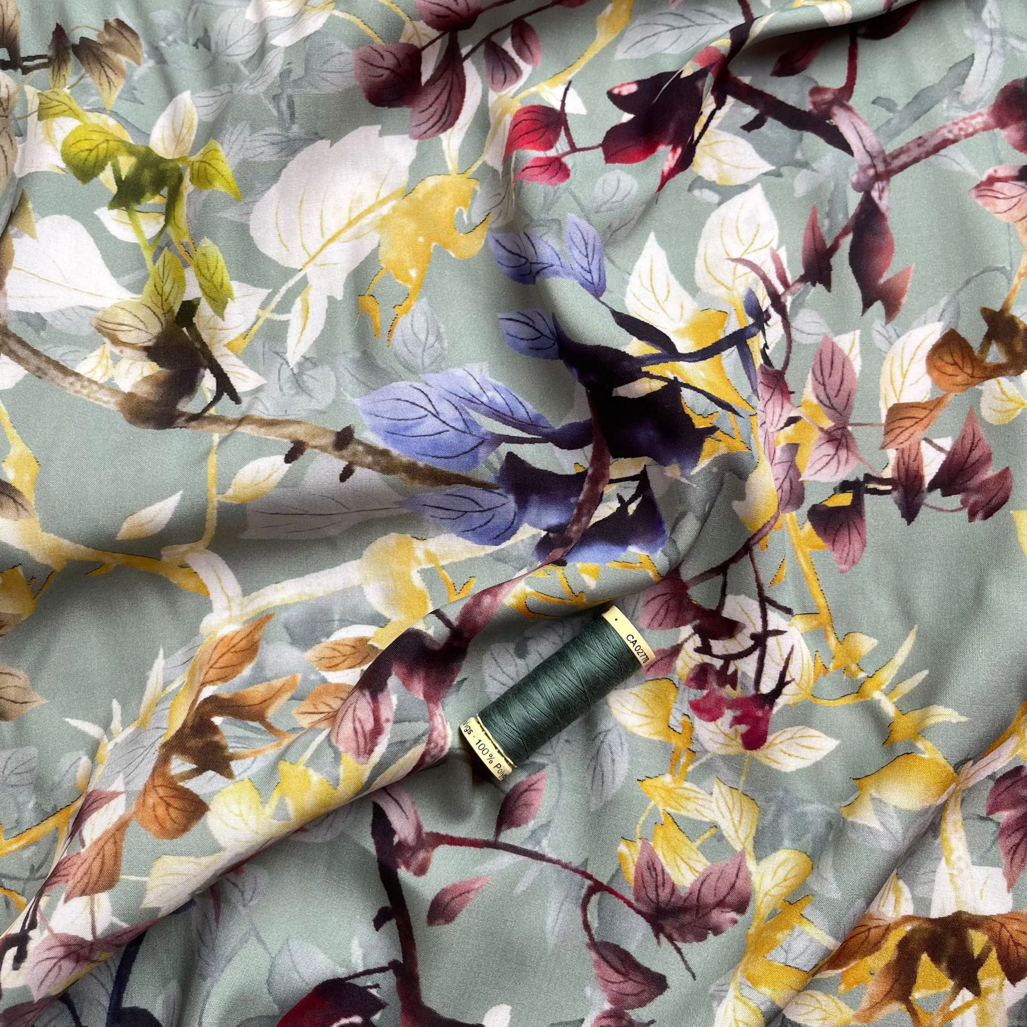 Hazy Foliage on Sage Green Viscose Fabric