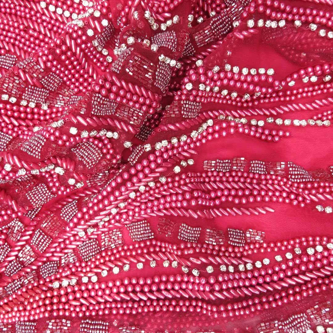 Heavily Dark Red Embroidered on Cherry Tulle