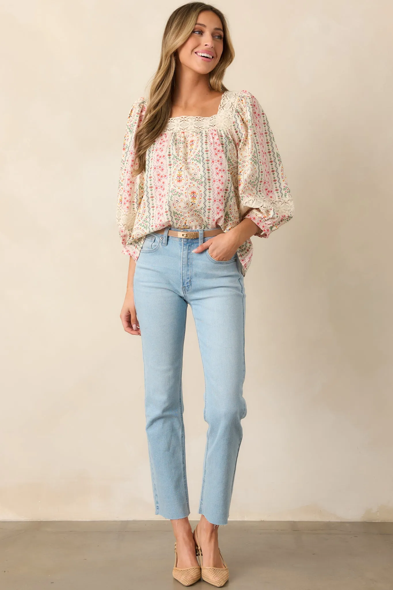 Island Of Flowers Green Cotton Floral Lace Blouse