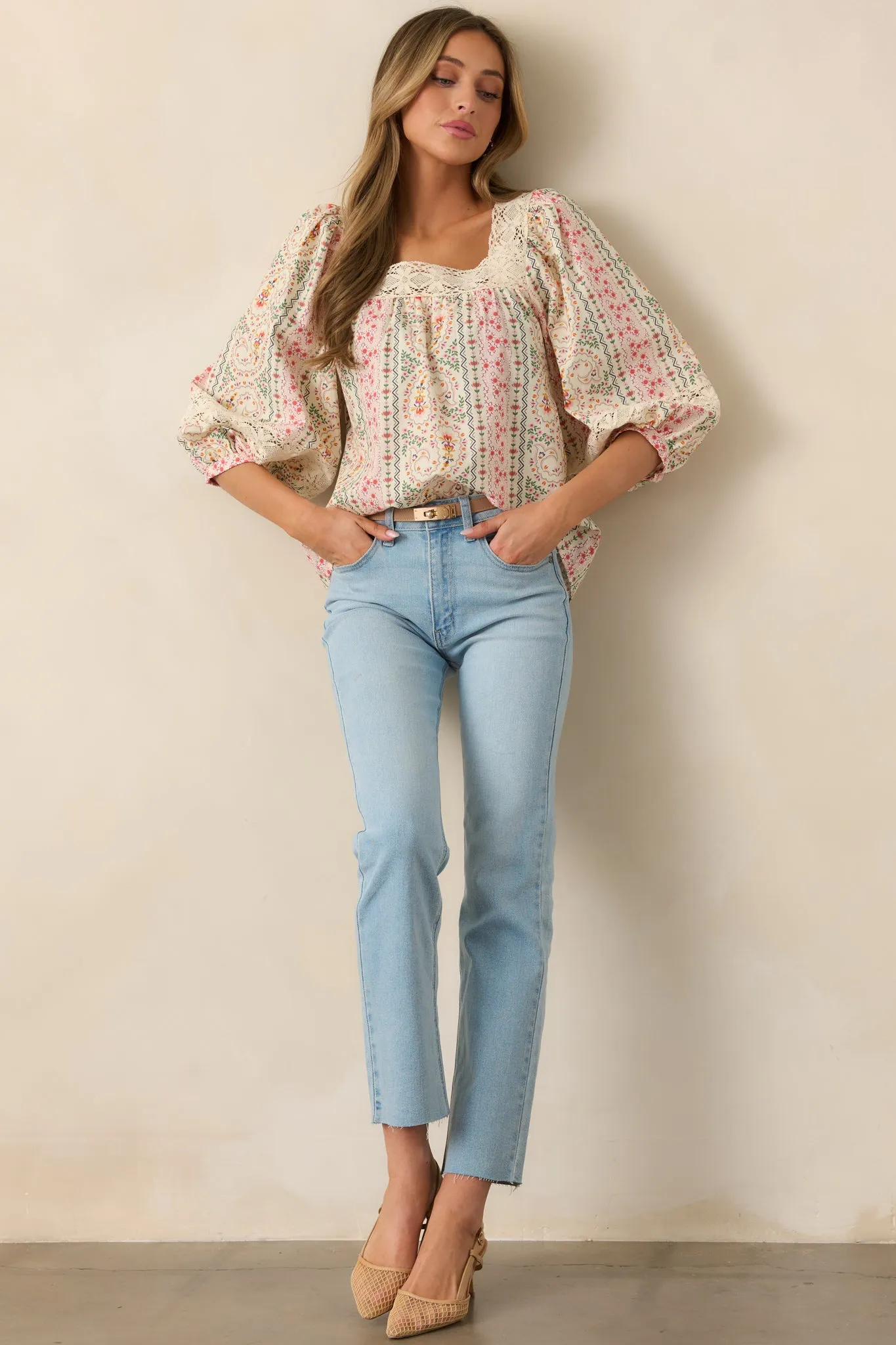 Island Of Flowers Green Cotton Floral Lace Blouse