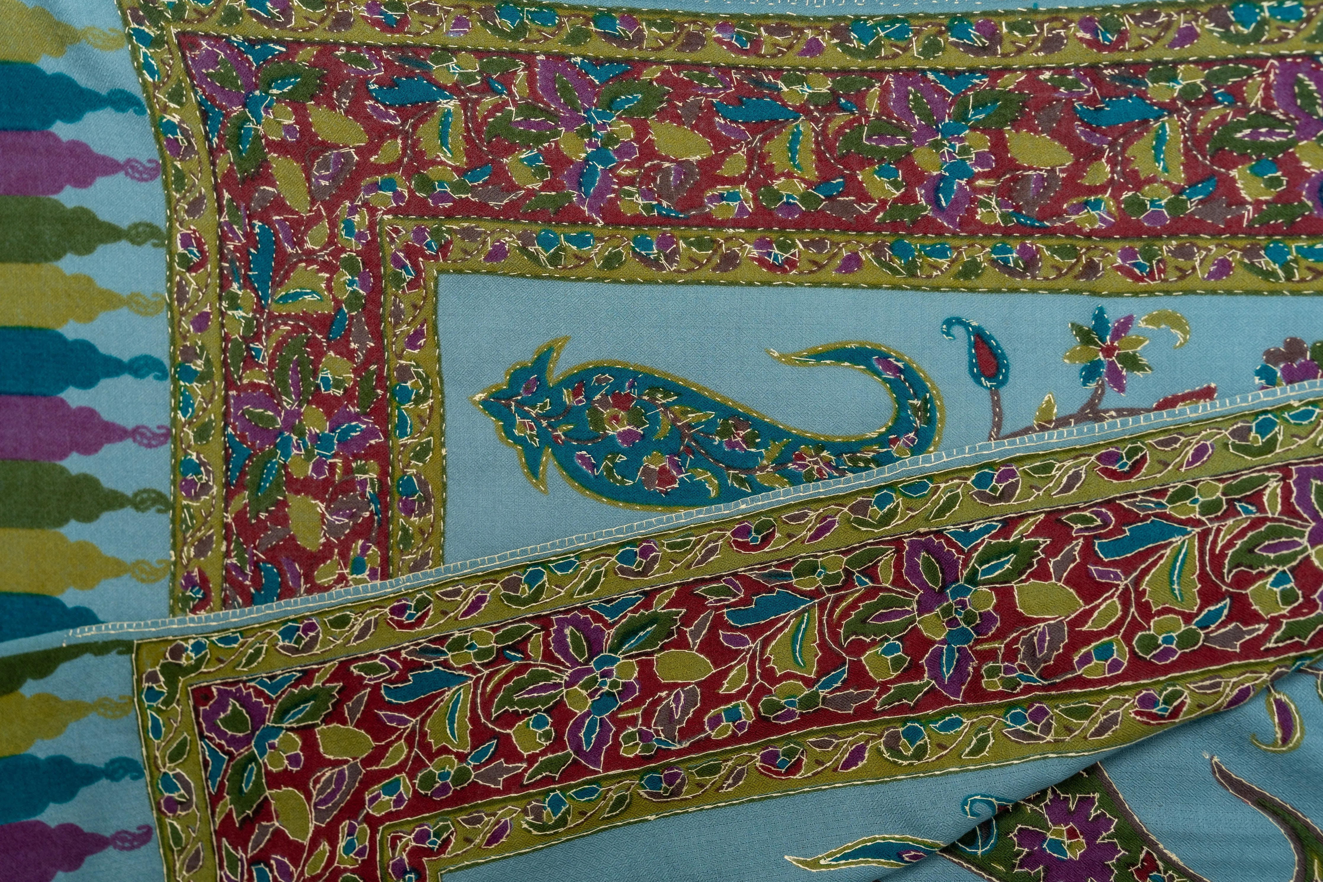 Kalamkari Shawl: Hand-Embroidered Sozni Paisley Merino Wool Shawl in Aqua Delight